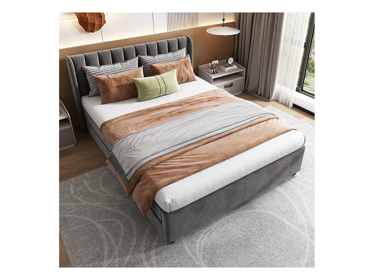 Letto matrimoniale Velvet con rete a doghe, schienale e 2 cassetti portaoggetti, grigio