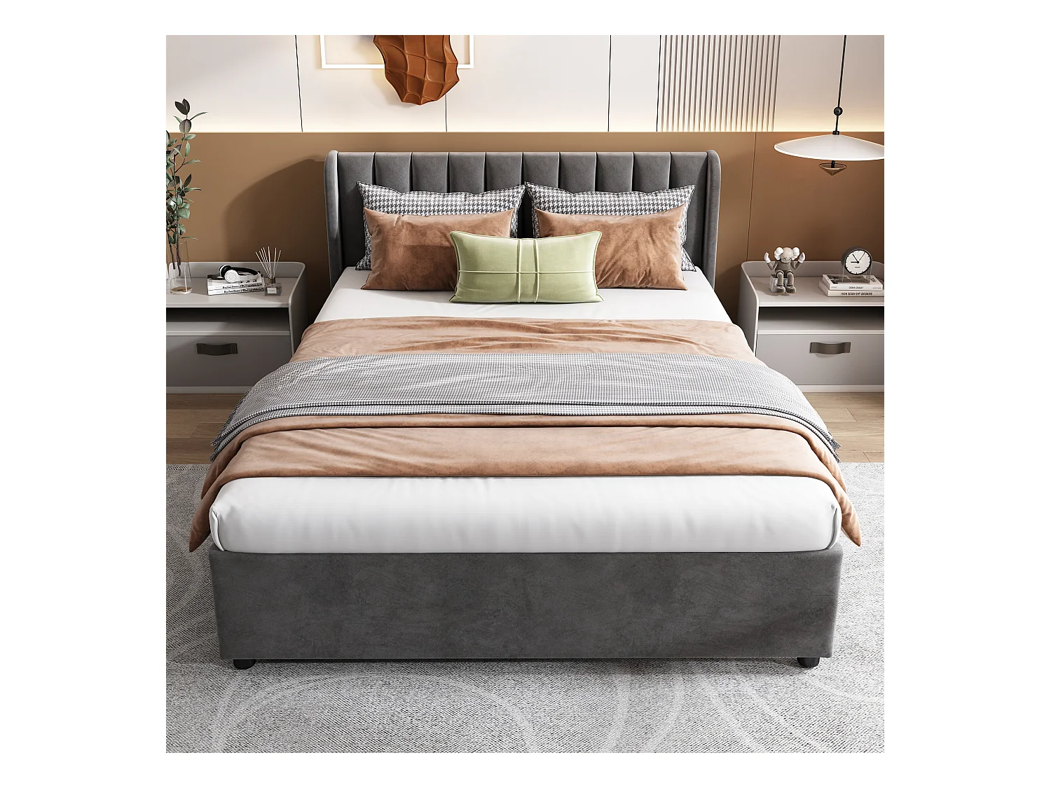 Letto matrimoniale Velvet con rete a doghe, schienale e 2 cassetti portaoggetti, grigio