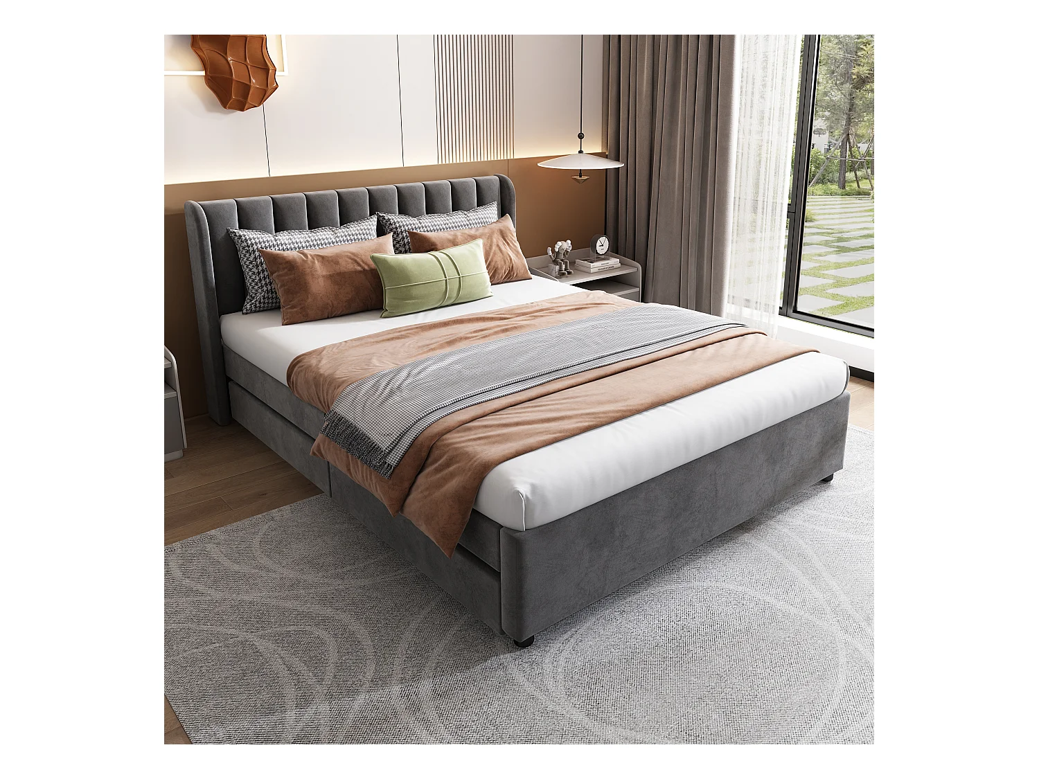 Letto matrimoniale Velvet con rete a doghe, schienale e 2 cassetti portaoggetti, grigio
