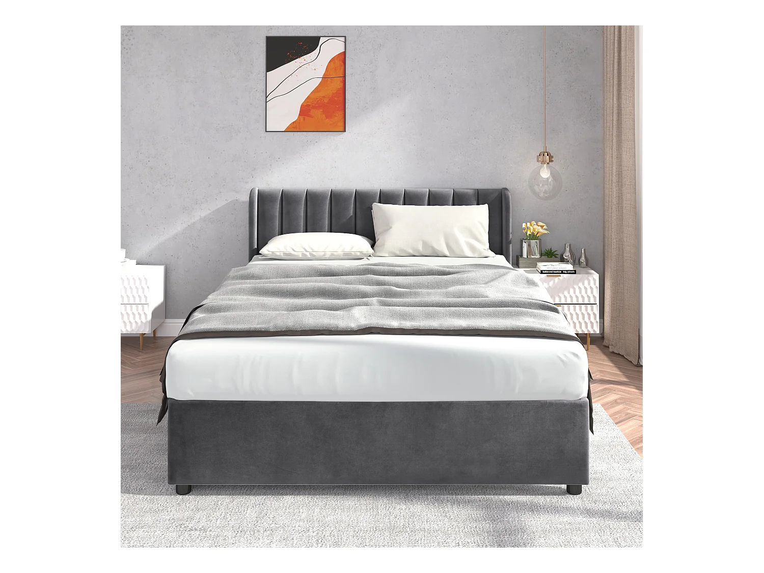 Letto matrimoniale Velvet con rete a doghe, schienale e 2 cassetti portaoggetti, grigio