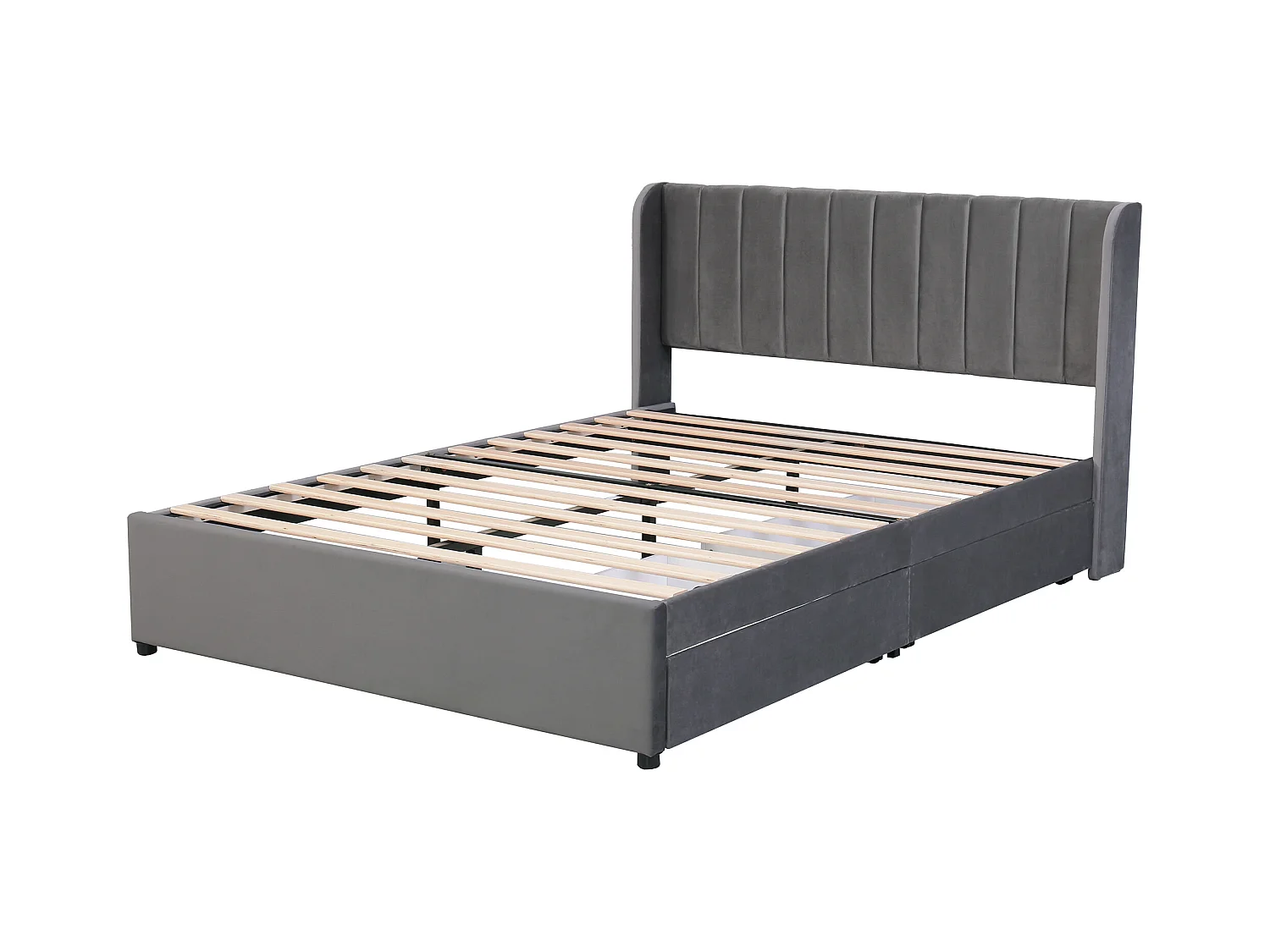 Letto matrimoniale Velvet con rete a doghe, schienale e 2 cassetti portaoggetti, grigio