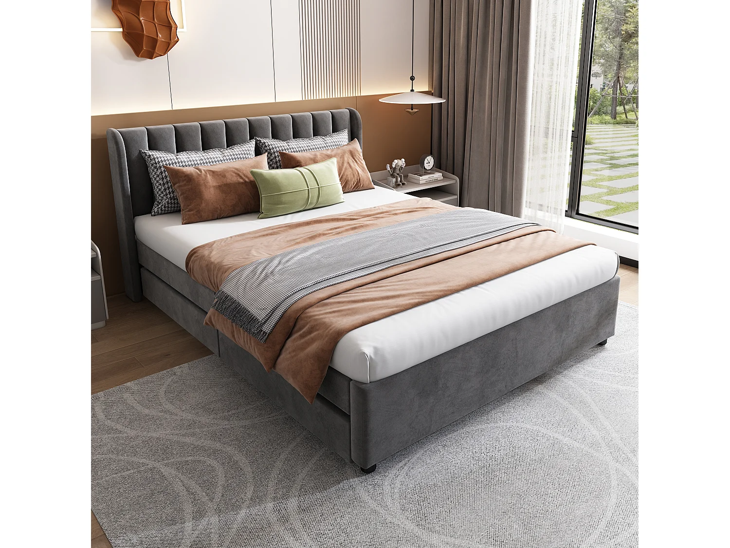 Letto matrimoniale Velvet con rete a doghe, schienale e 2 cassetti portaoggetti, grigio