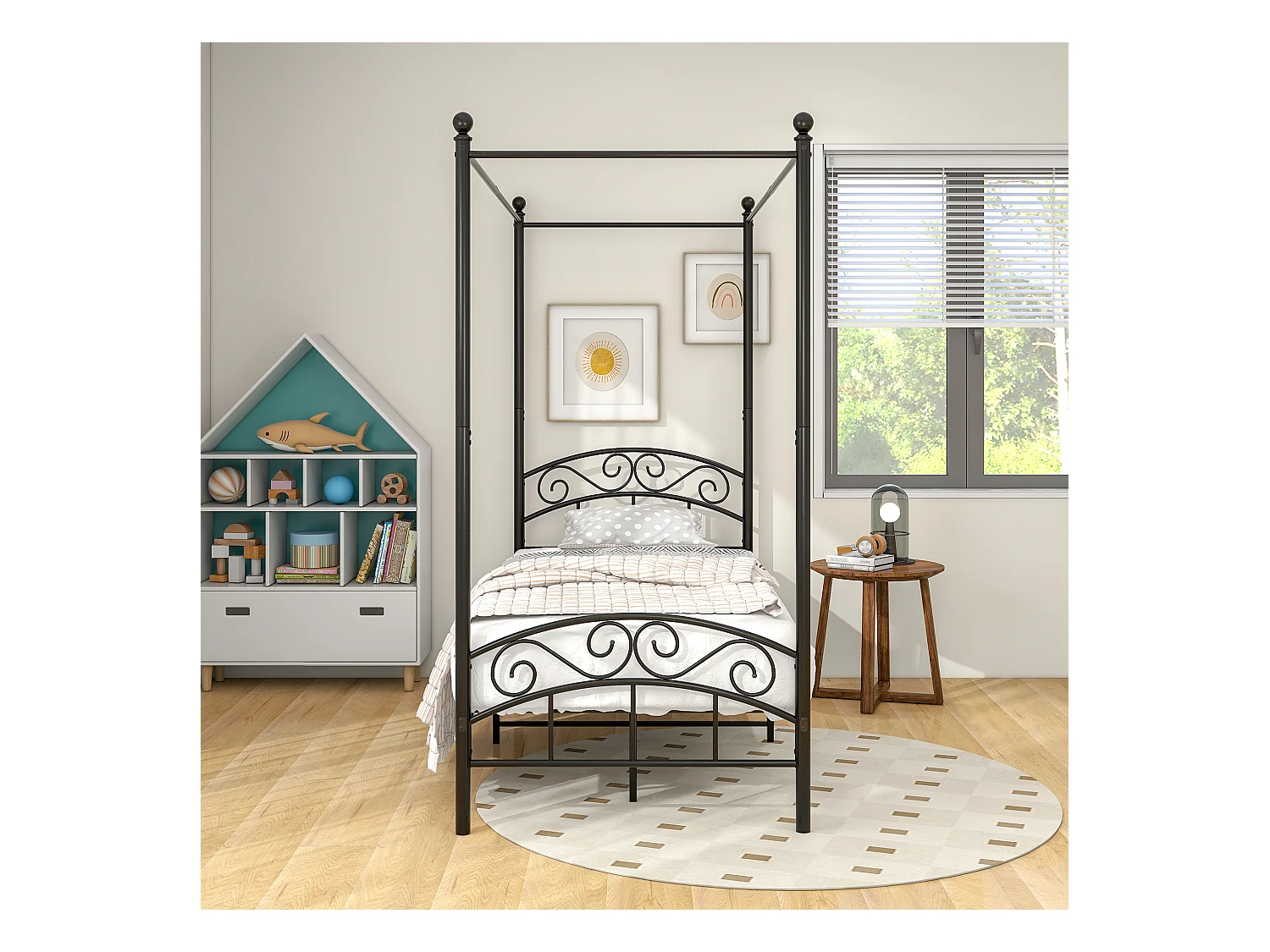 Metalen bed met ijzeren hemel, klassiek design, zwart 90x190cm
