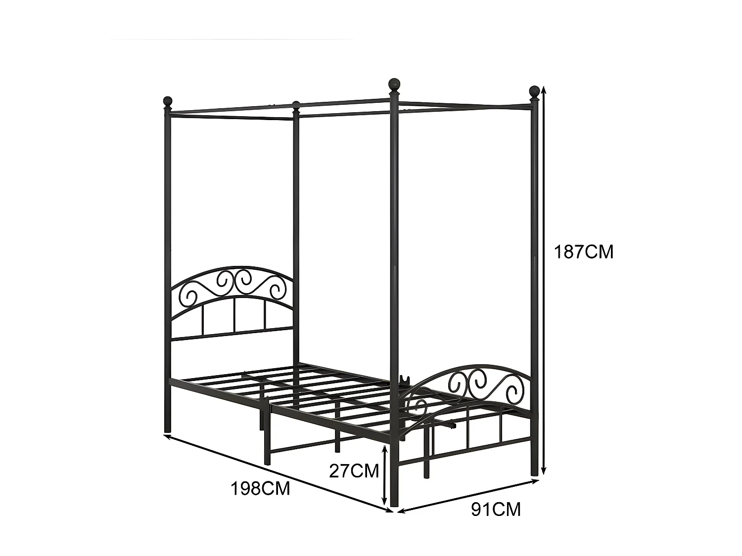 Metalen bed met ijzeren hemel, klassiek design, zwart 90x190cm