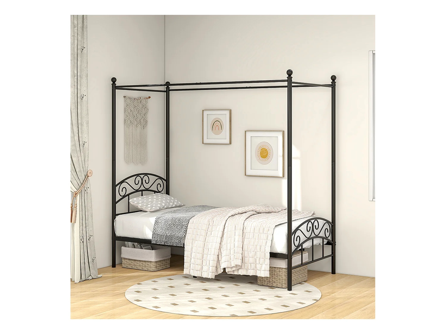 Metalen bed met ijzeren hemel, klassiek design, zwart 90x190cm