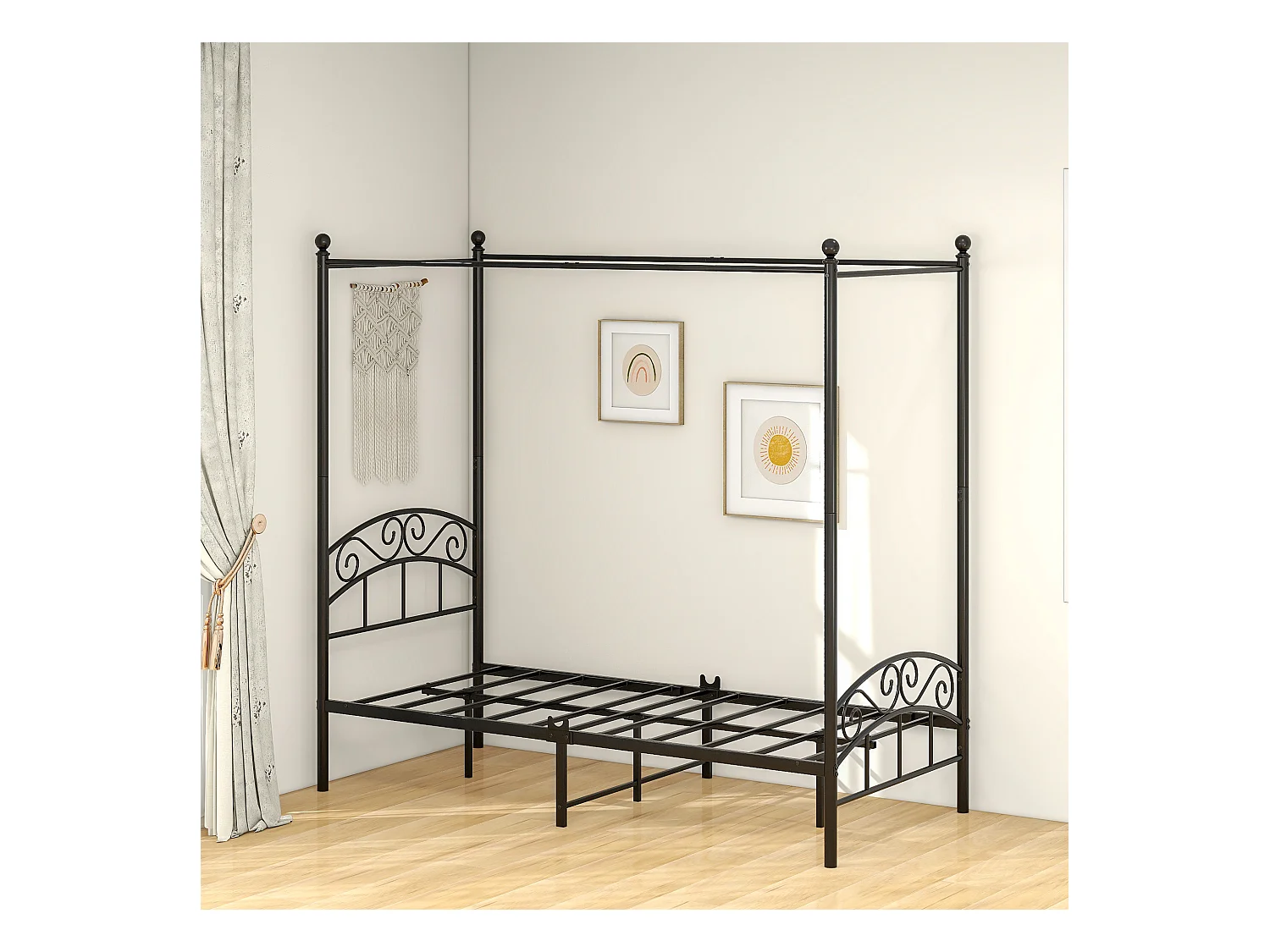 Metalen bed met ijzeren hemel, klassiek design, zwart 90x190cm