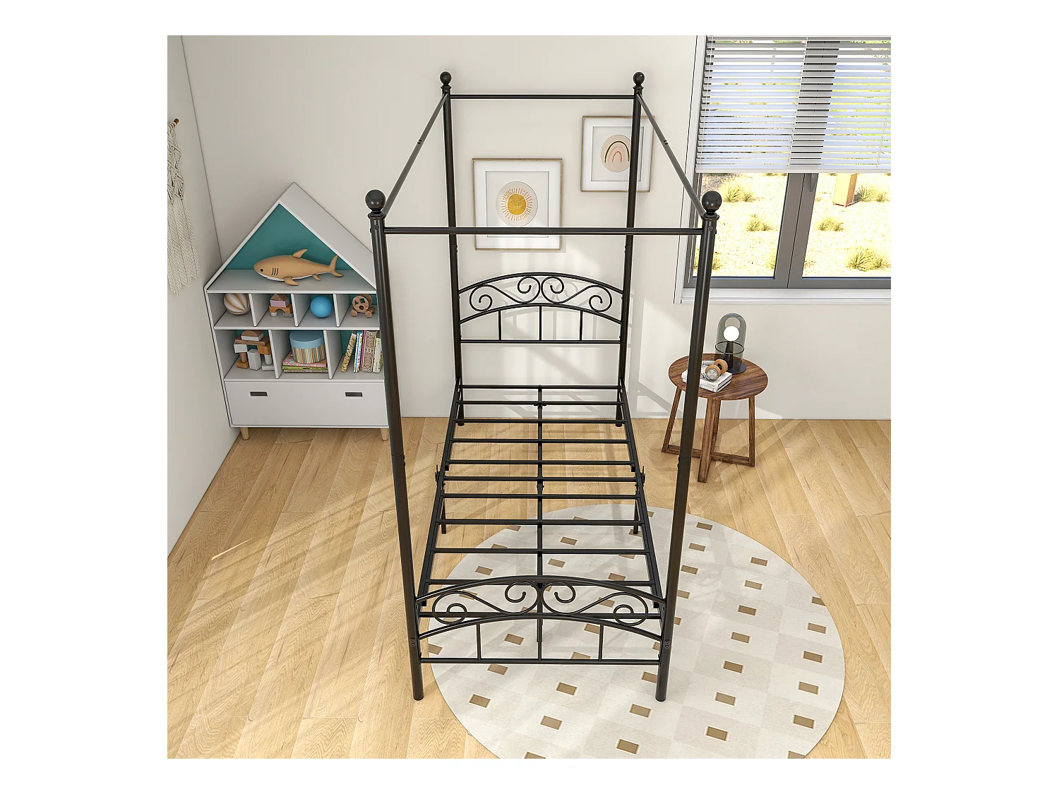 Metalen bed met ijzeren hemel, klassiek design, zwart 90x190cm