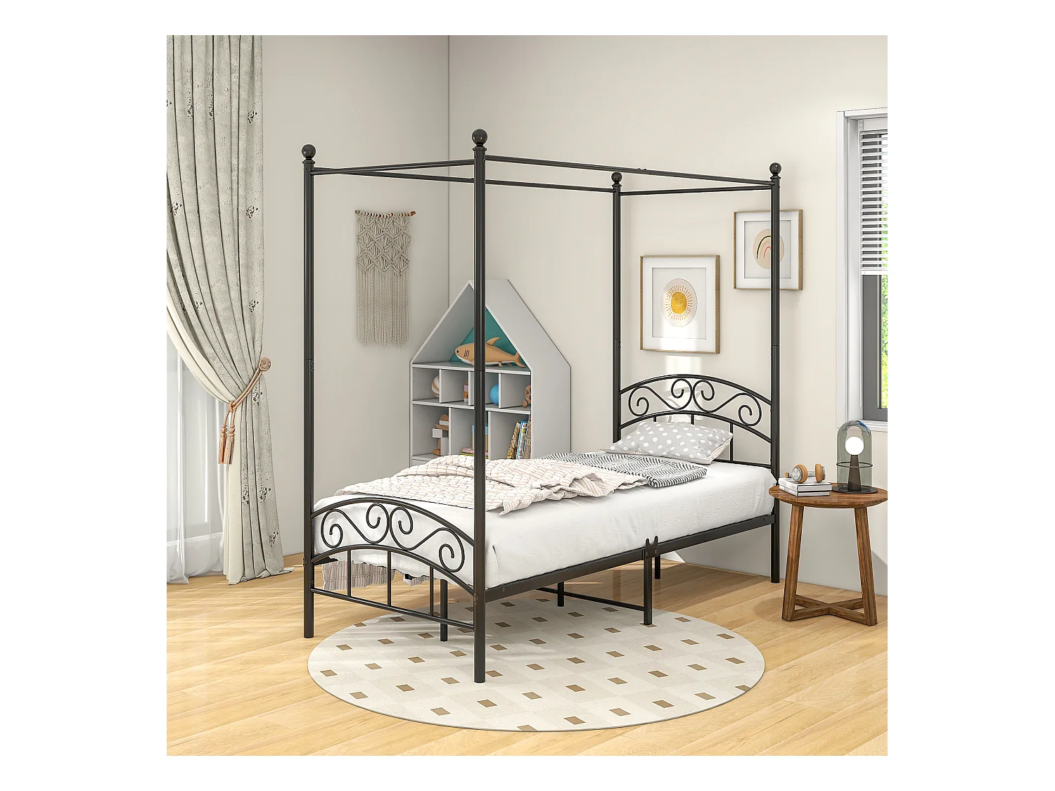 Metalen bed met ijzeren hemel, klassiek design, zwart 90x190cm