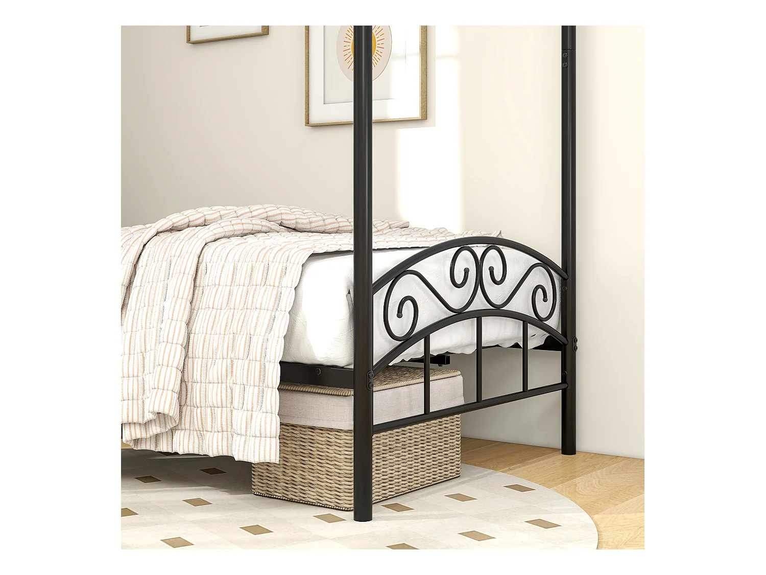 Metalen bed met ijzeren hemel, klassiek design, zwart 90x190cm