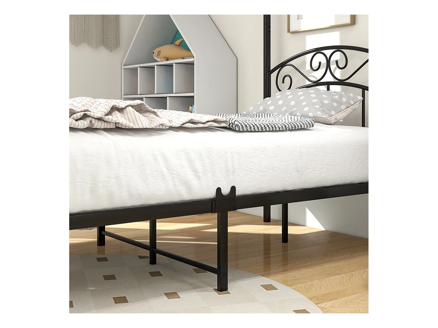 Metalen bed met ijzeren hemel, klassiek design, zwart 90x190cm