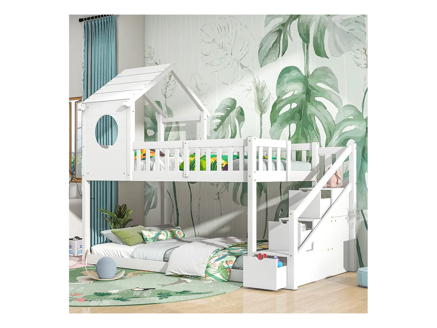 Kinderbed in de vorm van een houten huis, 90 x 200 cm, zonder matras, wit