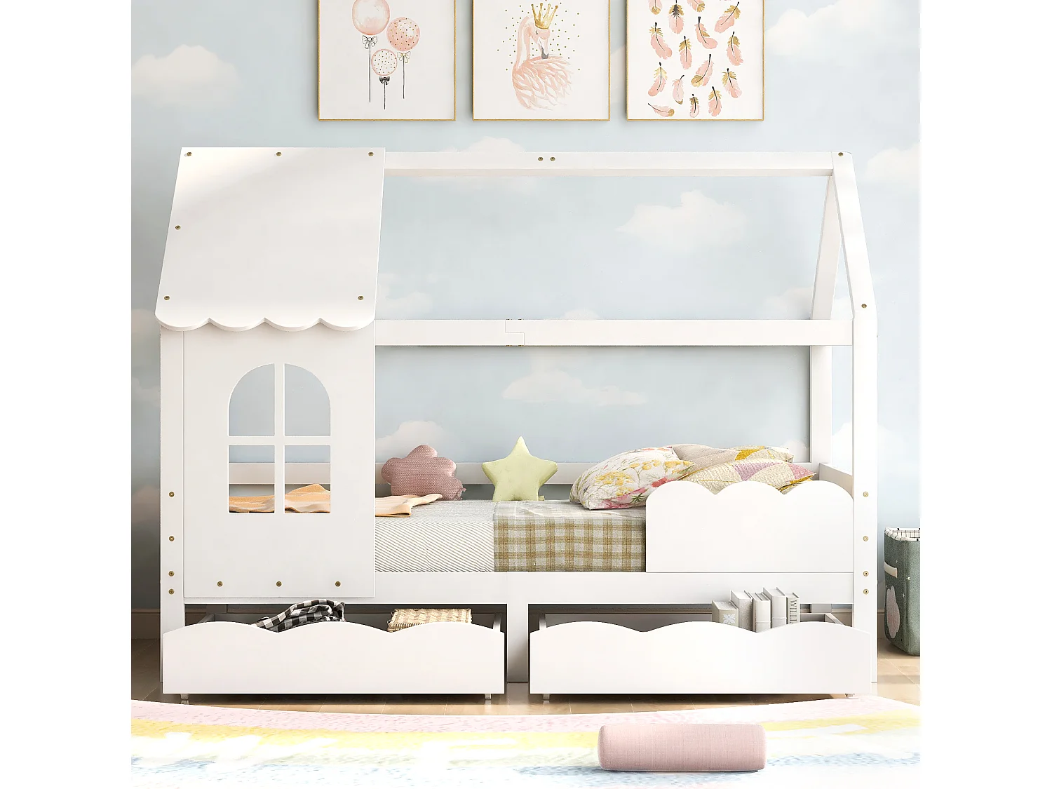 Kinderhuisbed met beschermbarrière, opberglades, wit 200x90cm