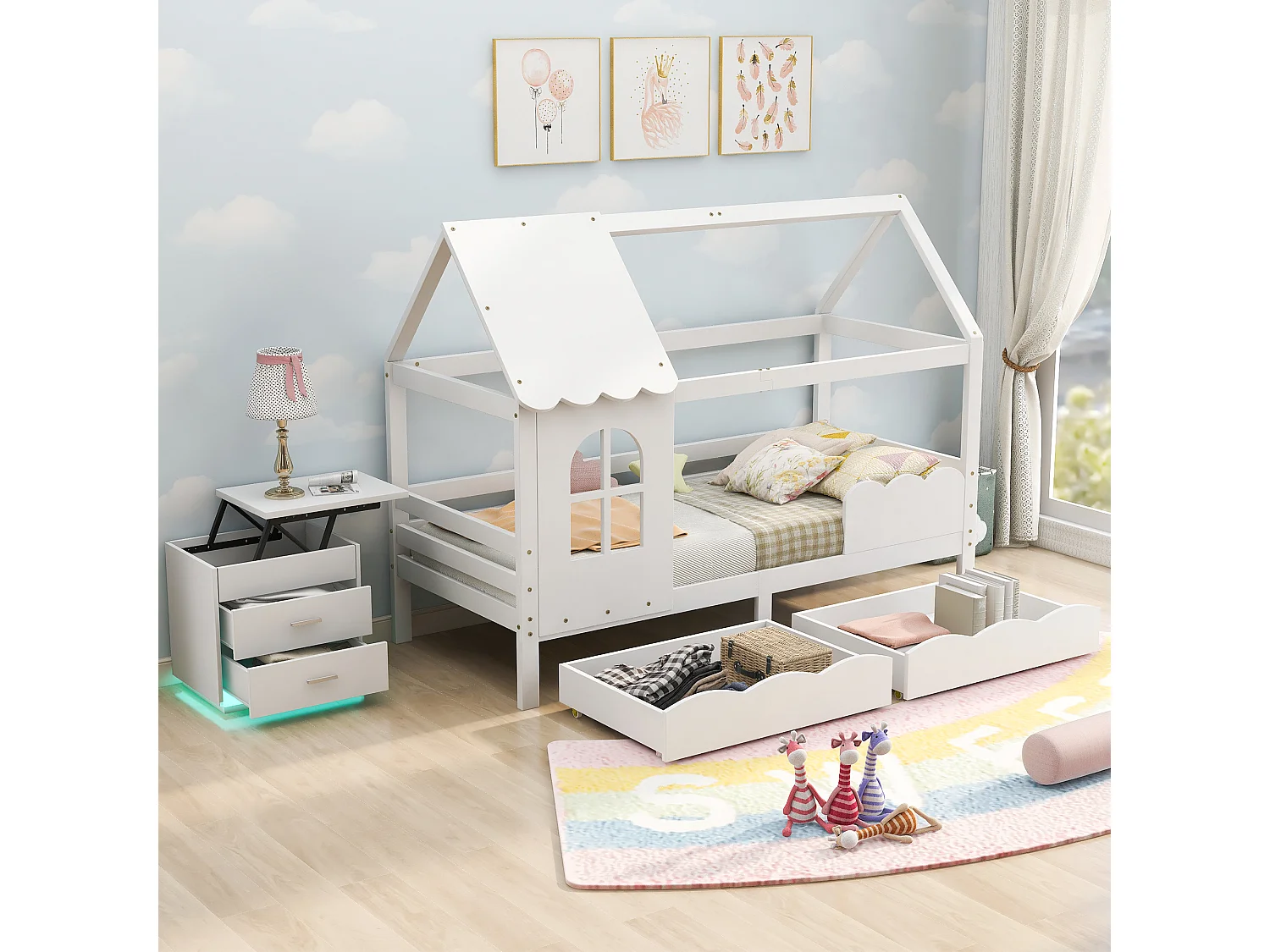 Kinderhuisbed met beschermbarrière, opberglades, wit 200x90cm