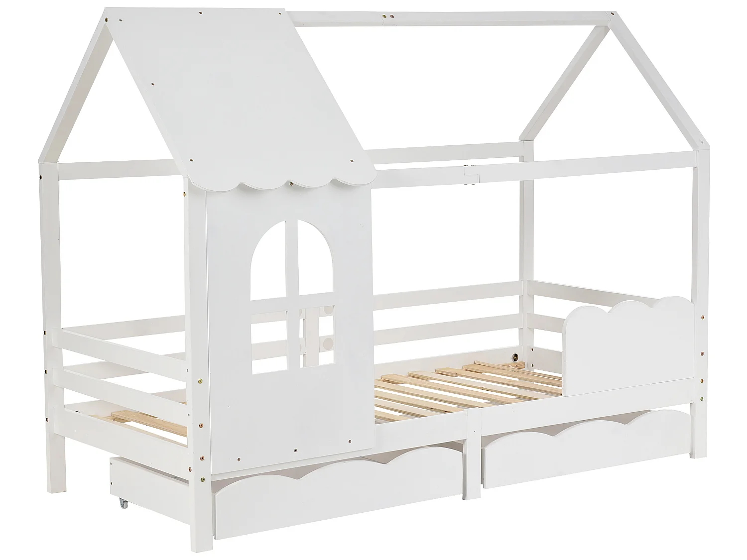 Kinderhuisbed met beschermbarrière, opberglades, wit 200x90cm