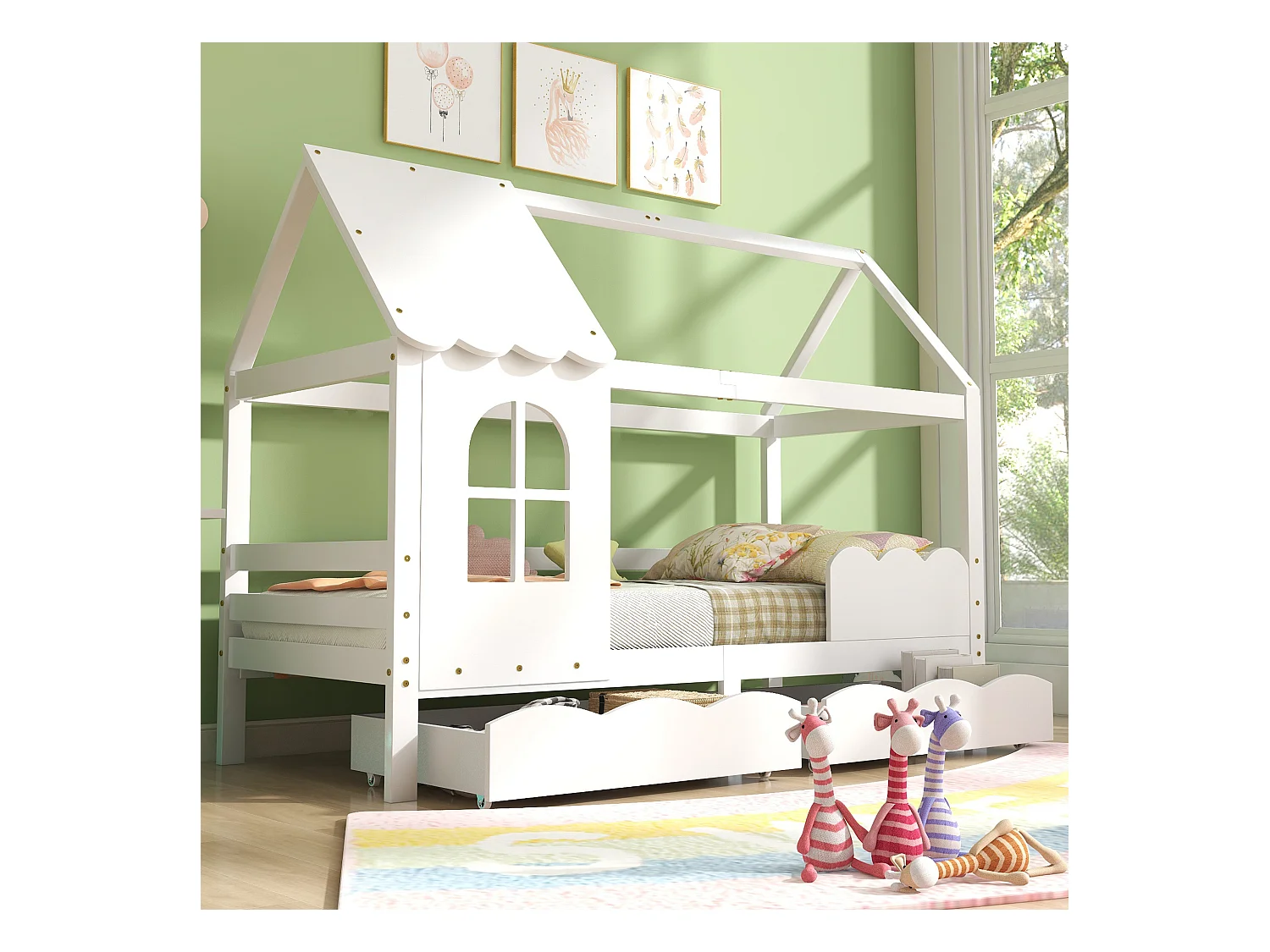 Lit maison enfant avec barrière de protection, tiroirs de rangement, blanc 200x90cm