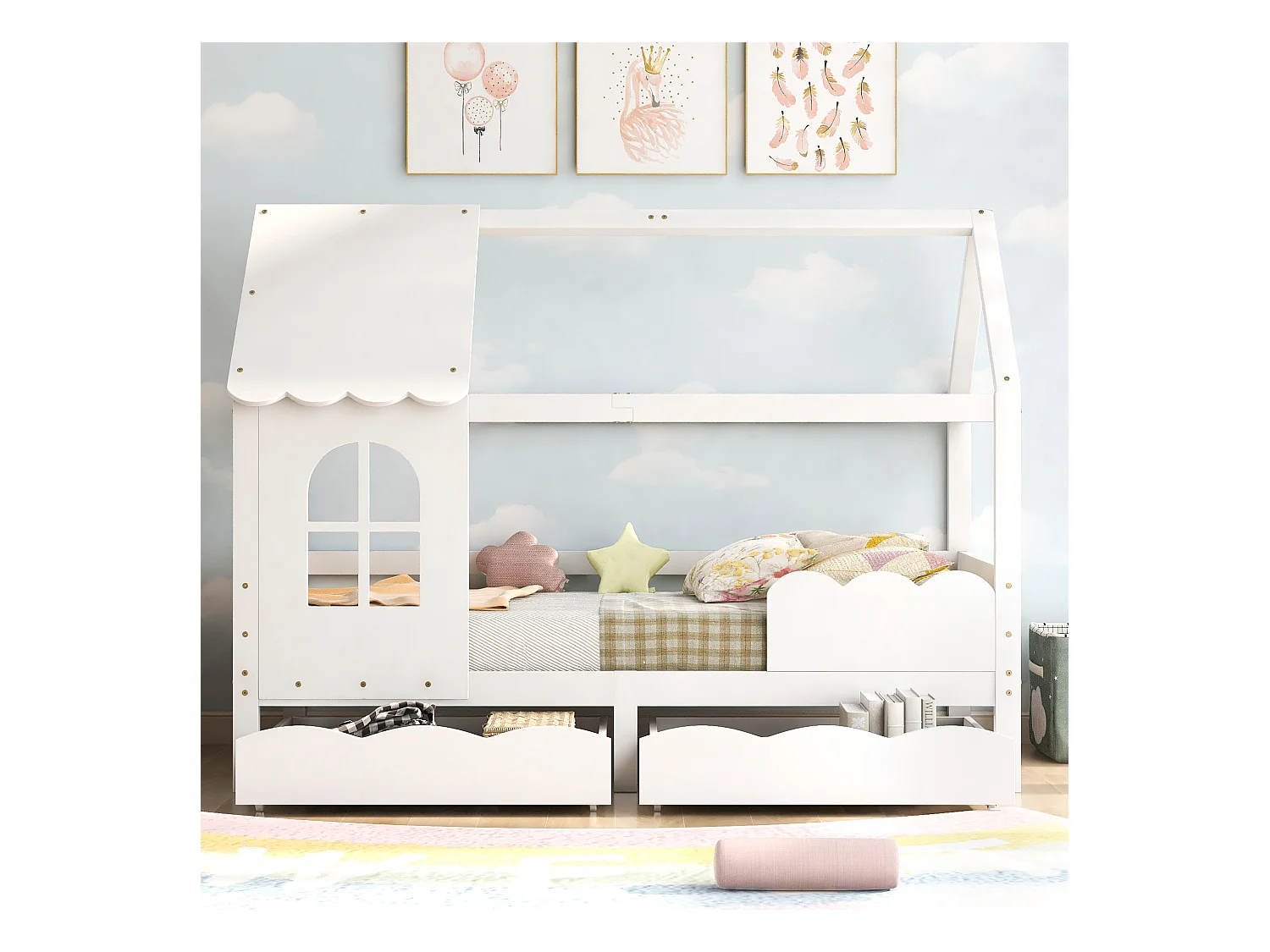 Lit maison enfant avec barrière de protection, tiroirs de rangement, blanc 200x90cm