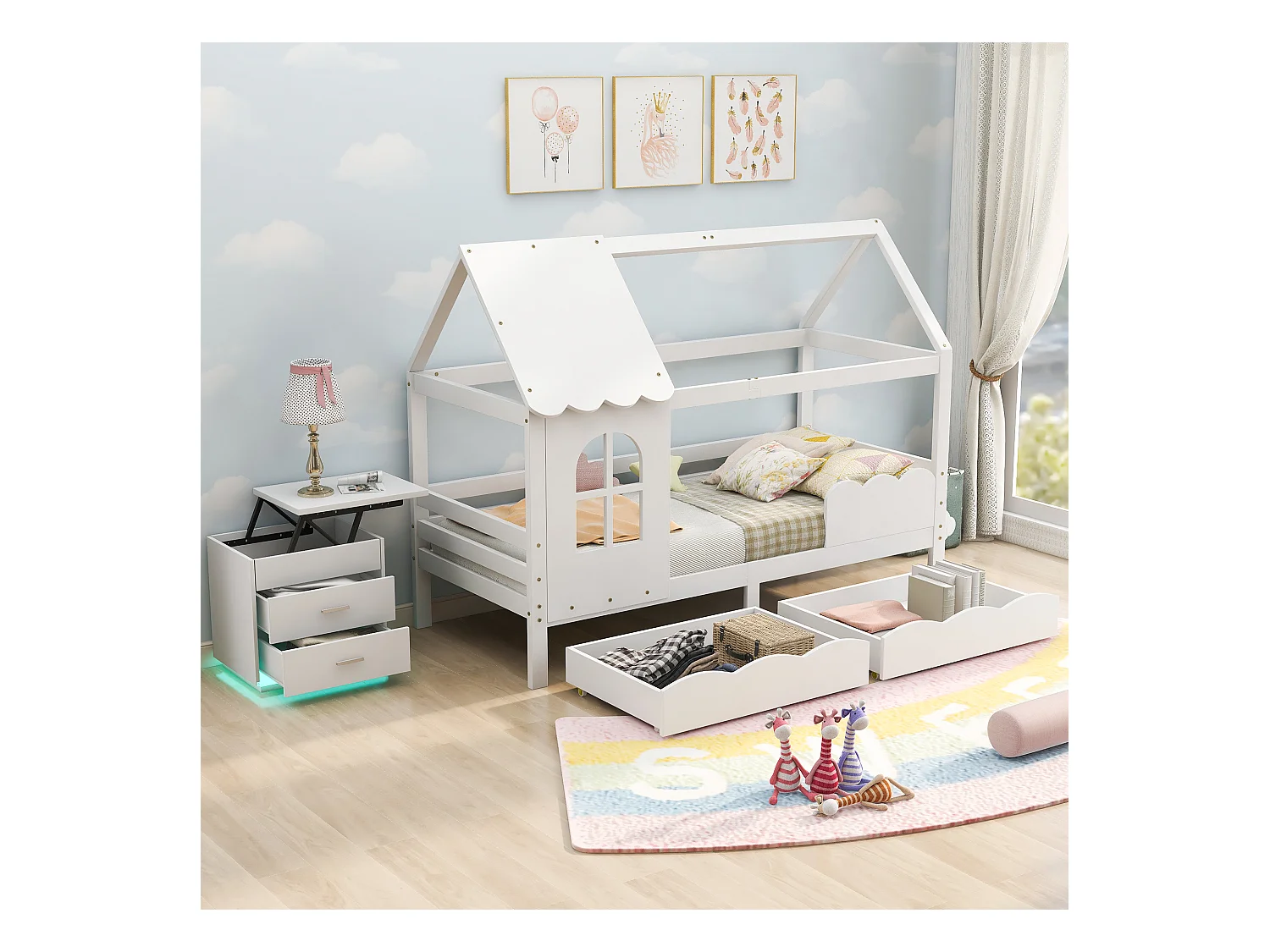 Lit maison enfant avec barrière de protection, tiroirs de rangement, blanc 200x90cm