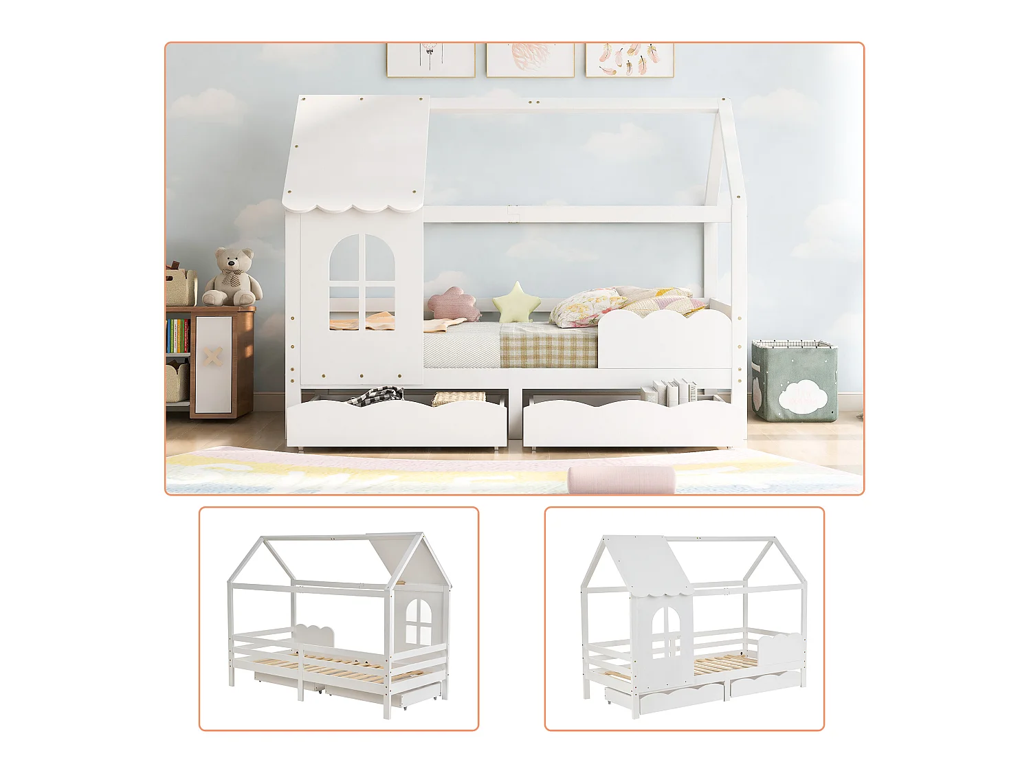 Lit maison enfant avec barrière de protection, tiroirs de rangement, blanc 200x90cm