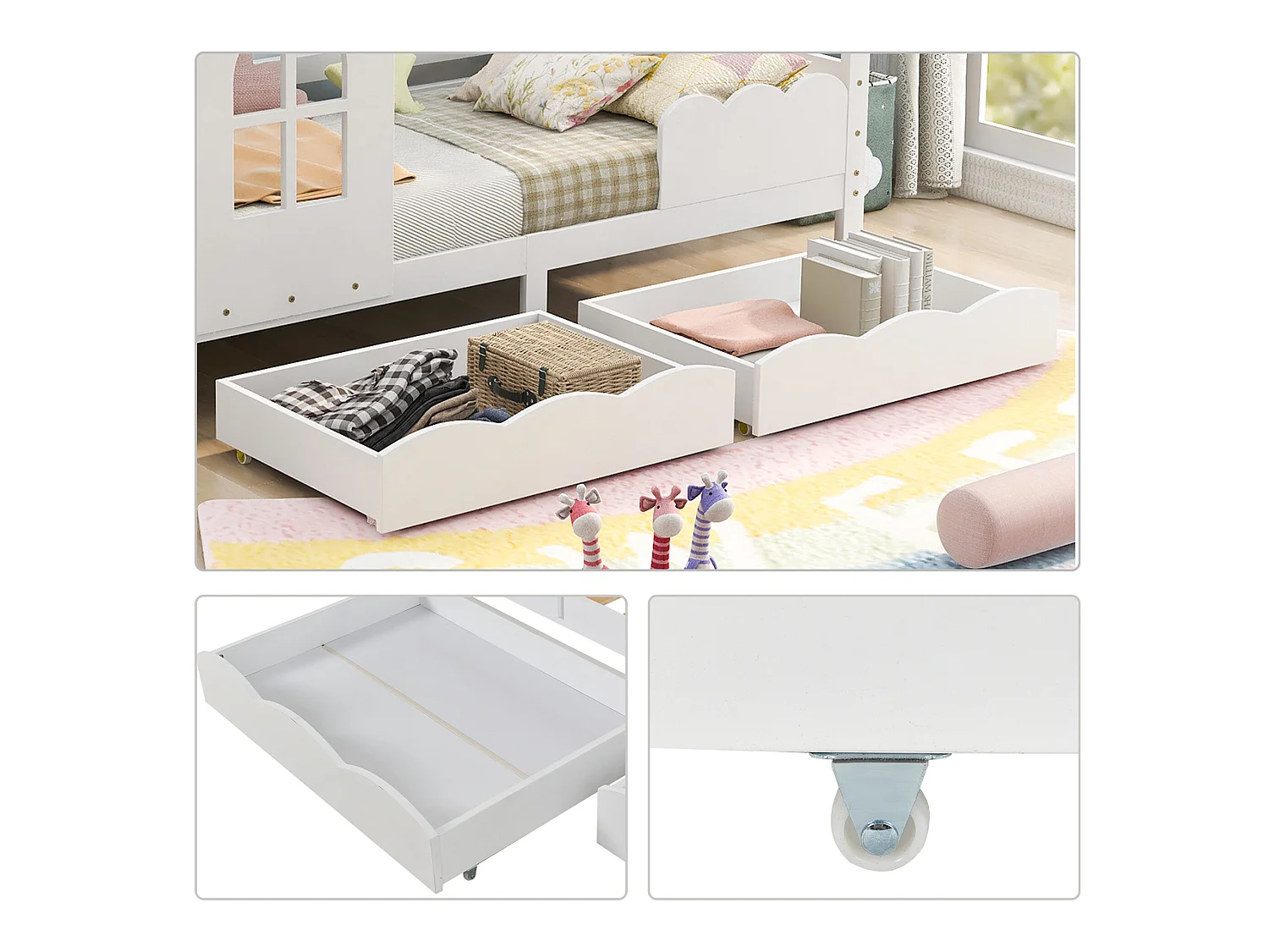 Lit maison enfant avec barrière de protection, tiroirs de rangement, blanc 200x90cm