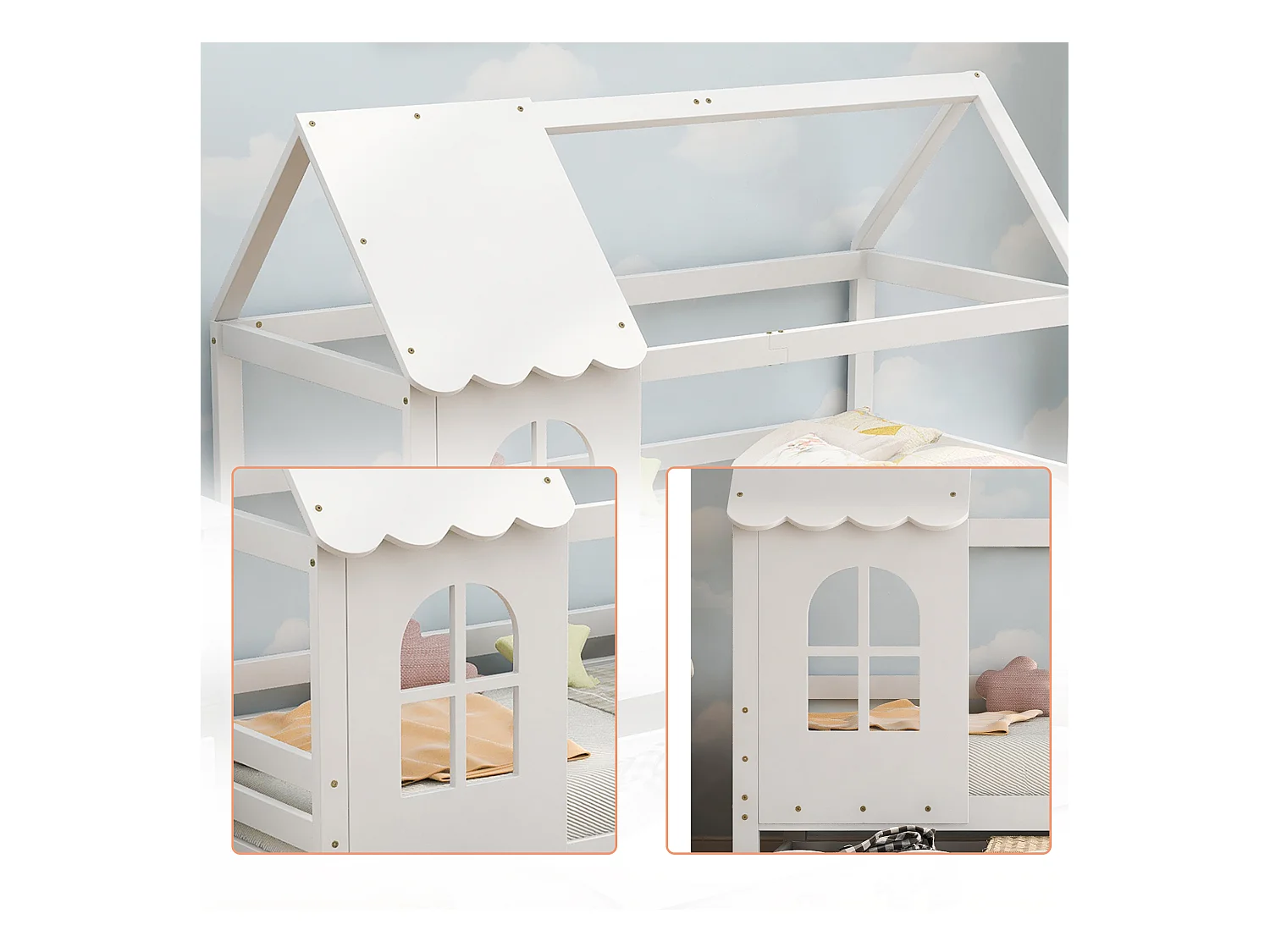 Lit maison enfant avec barrière de protection, tiroirs de rangement, blanc 200x90cm