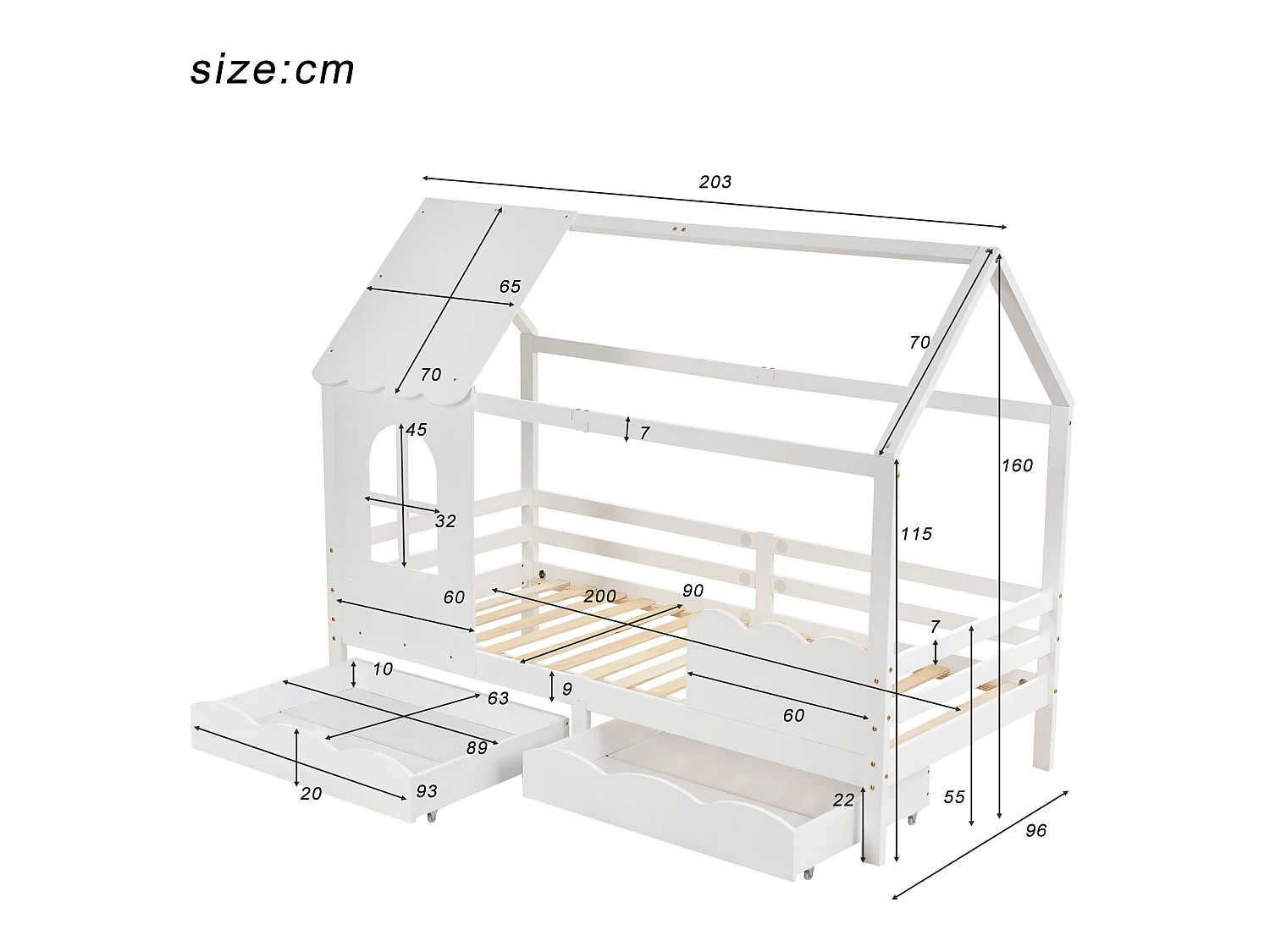 Lit maison enfant avec barrière de protection, tiroirs de rangement, blanc 200x90cm