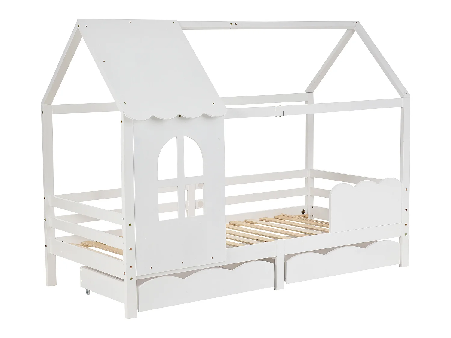 Lit maison enfant avec barrière de protection, tiroirs de rangement, blanc 200x90cm