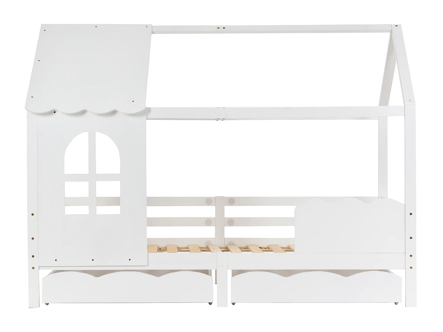 Lit maison enfant avec barrière de protection, tiroirs de rangement, blanc 200x90cm
