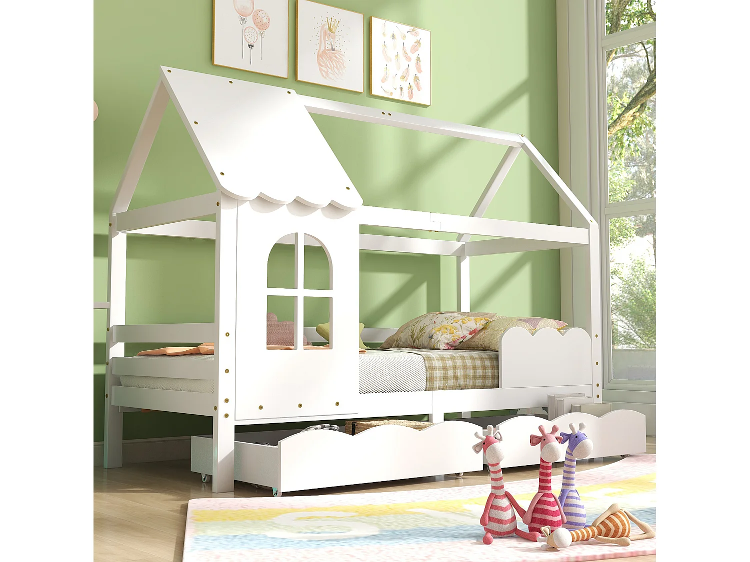 Lit maison enfant avec barrière de protection, tiroirs de rangement, blanc 200x90cm