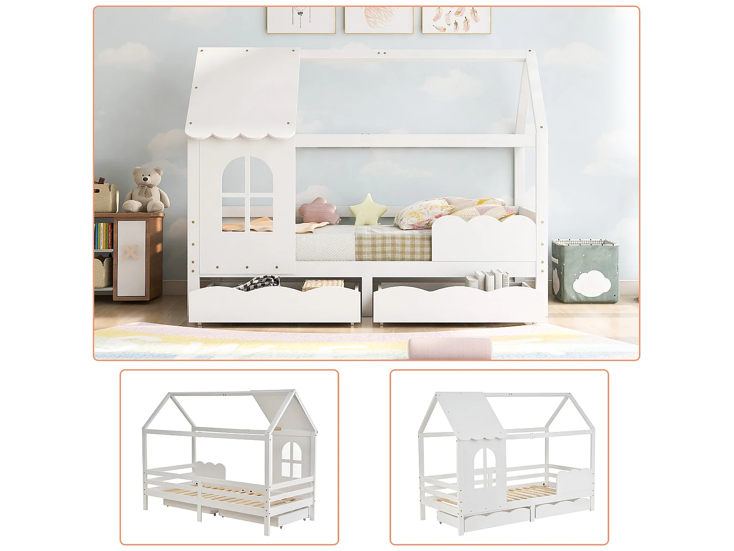 Lit maison enfant avec barrière de protection, tiroirs de rangement, blanc 200x90cm