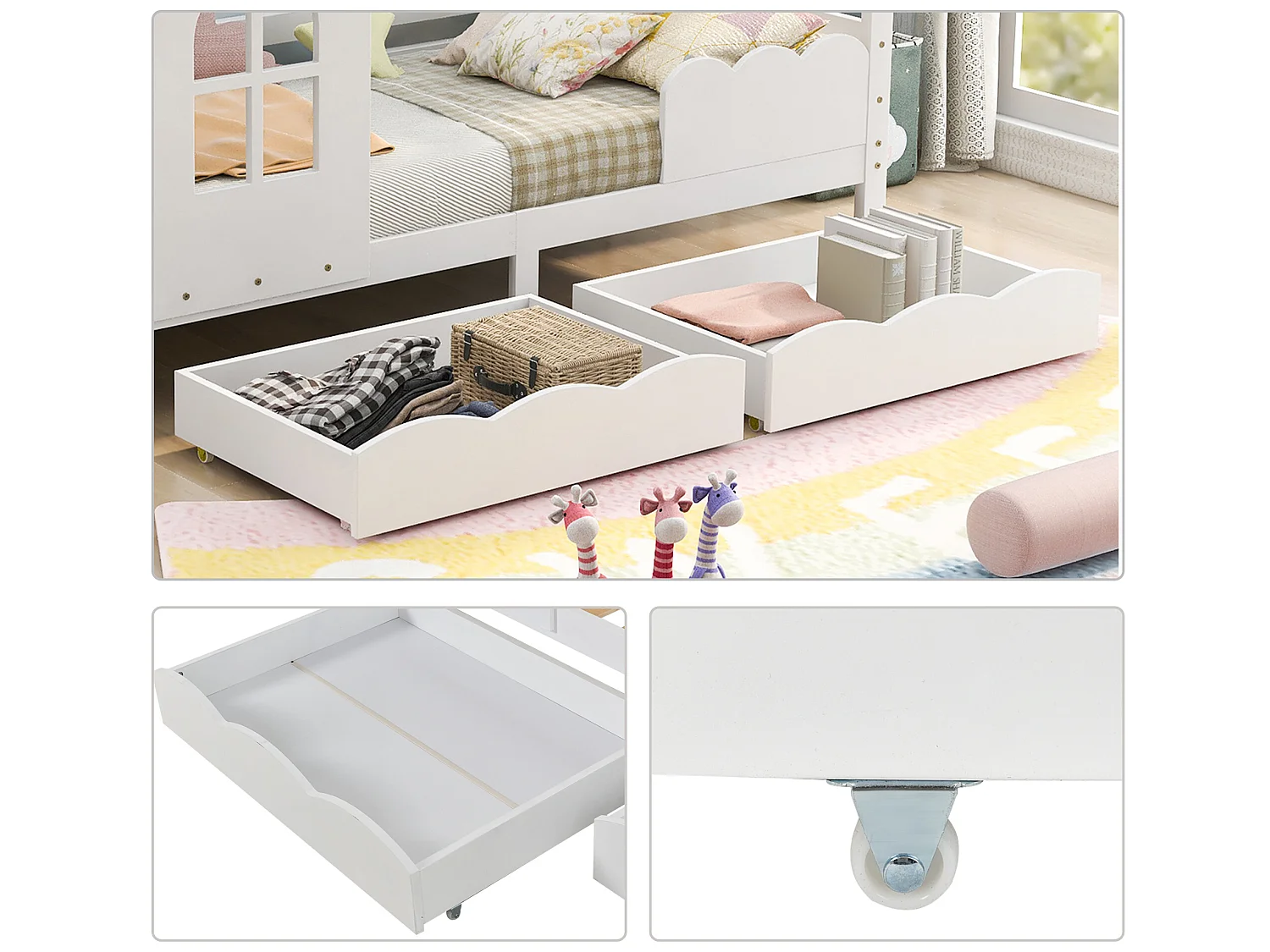 Lit maison enfant avec barrière de protection, tiroirs de rangement, blanc 200x90cm