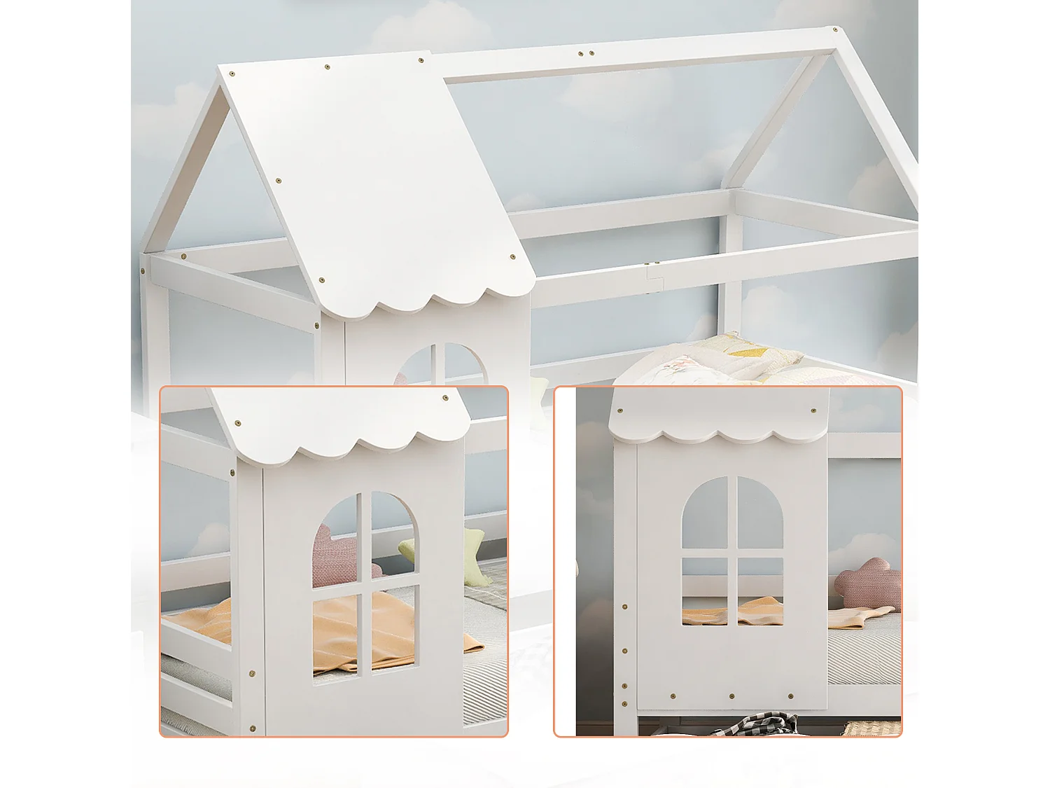 Lit maison enfant avec barrière de protection, tiroirs de rangement, blanc 200x90cm