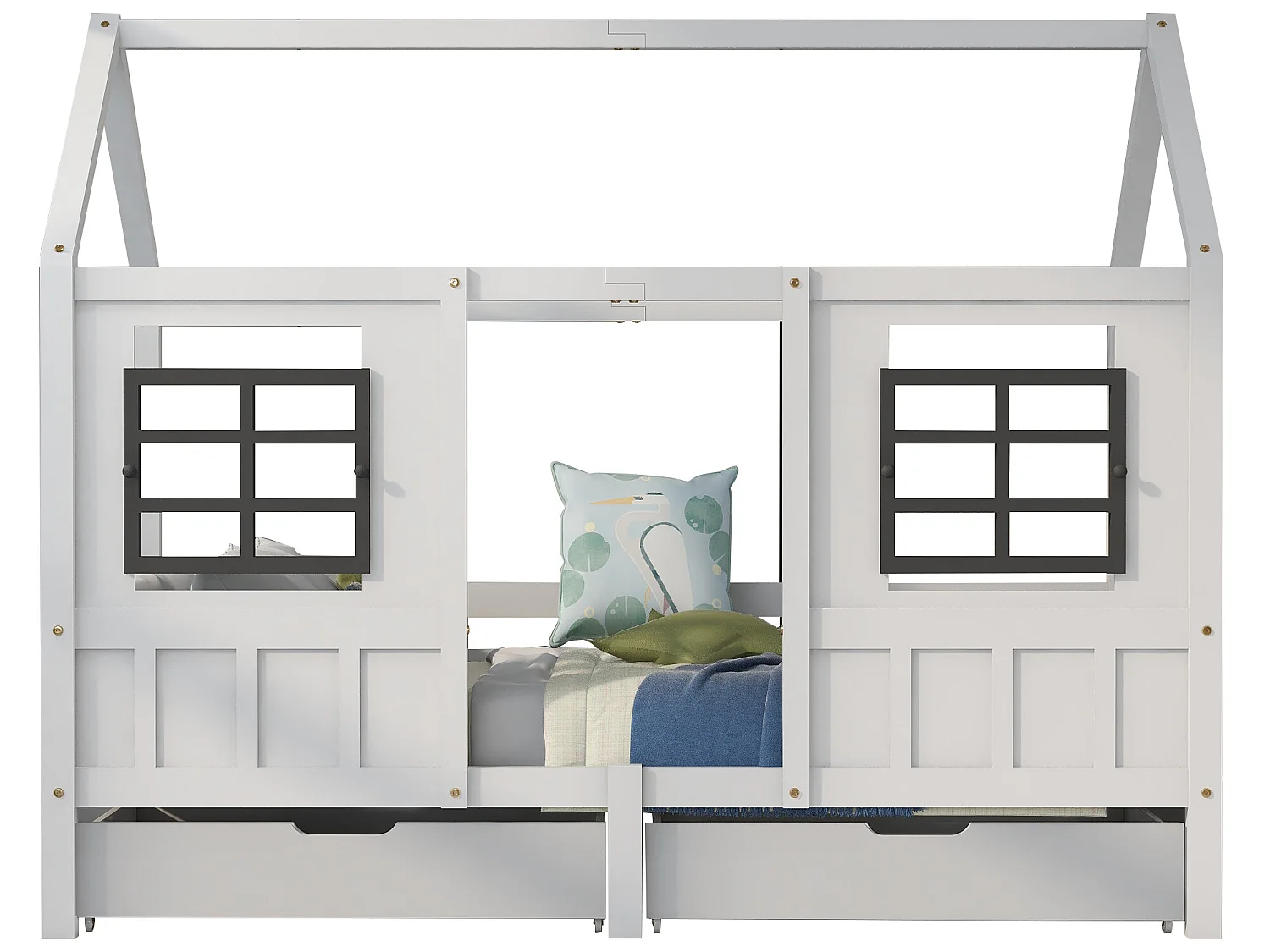 Lit maison avec 2 tiroirs, lit simple, lit de jour, blanc (200x90cm)