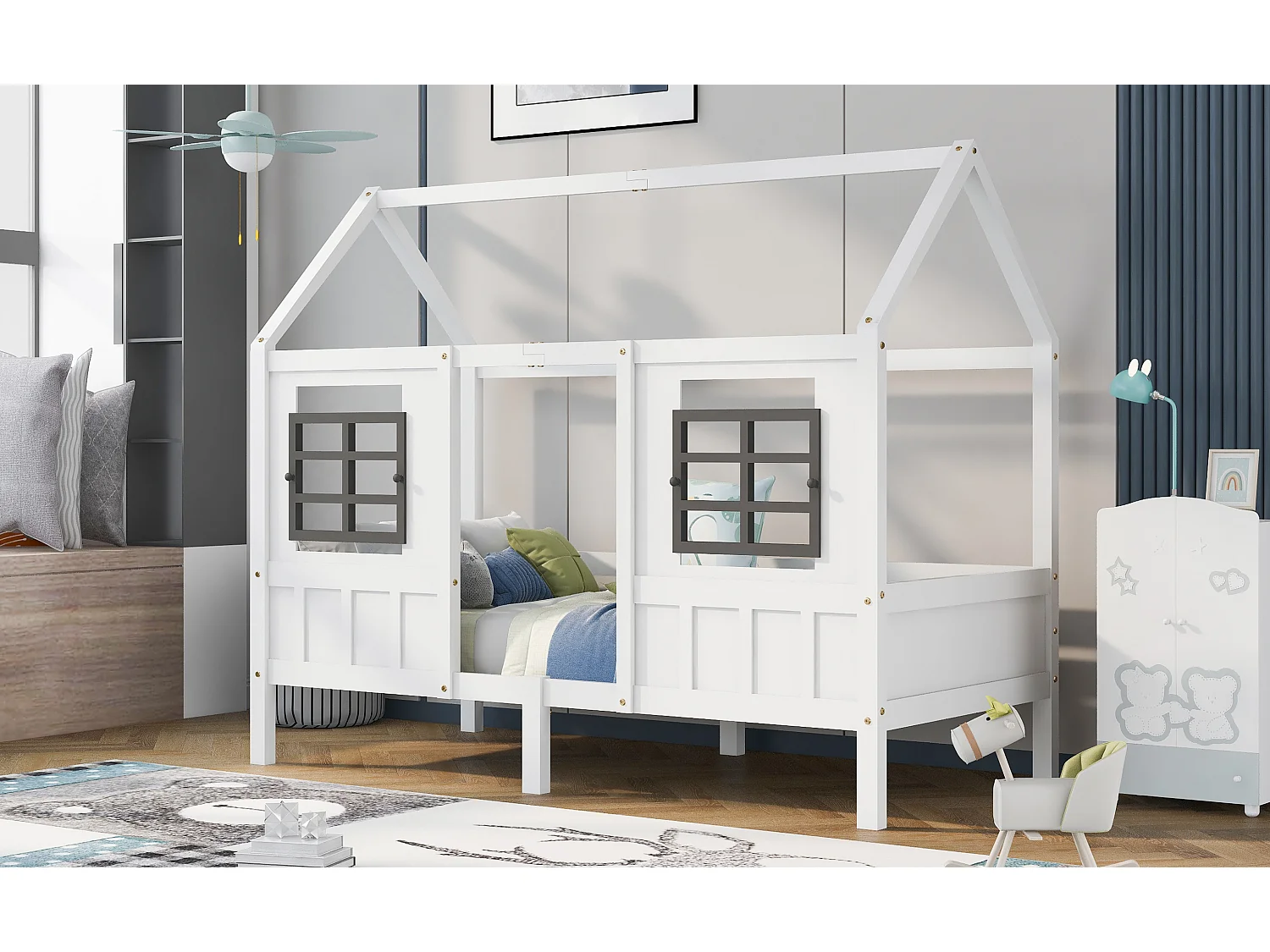 Lit maison avec 2 tiroirs, lit simple, lit de jour, blanc (200x90cm)