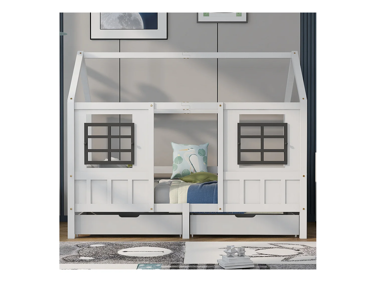Huisbed met 2 laden, eenpersoonsbed, dagbed, wit (200x90cm)