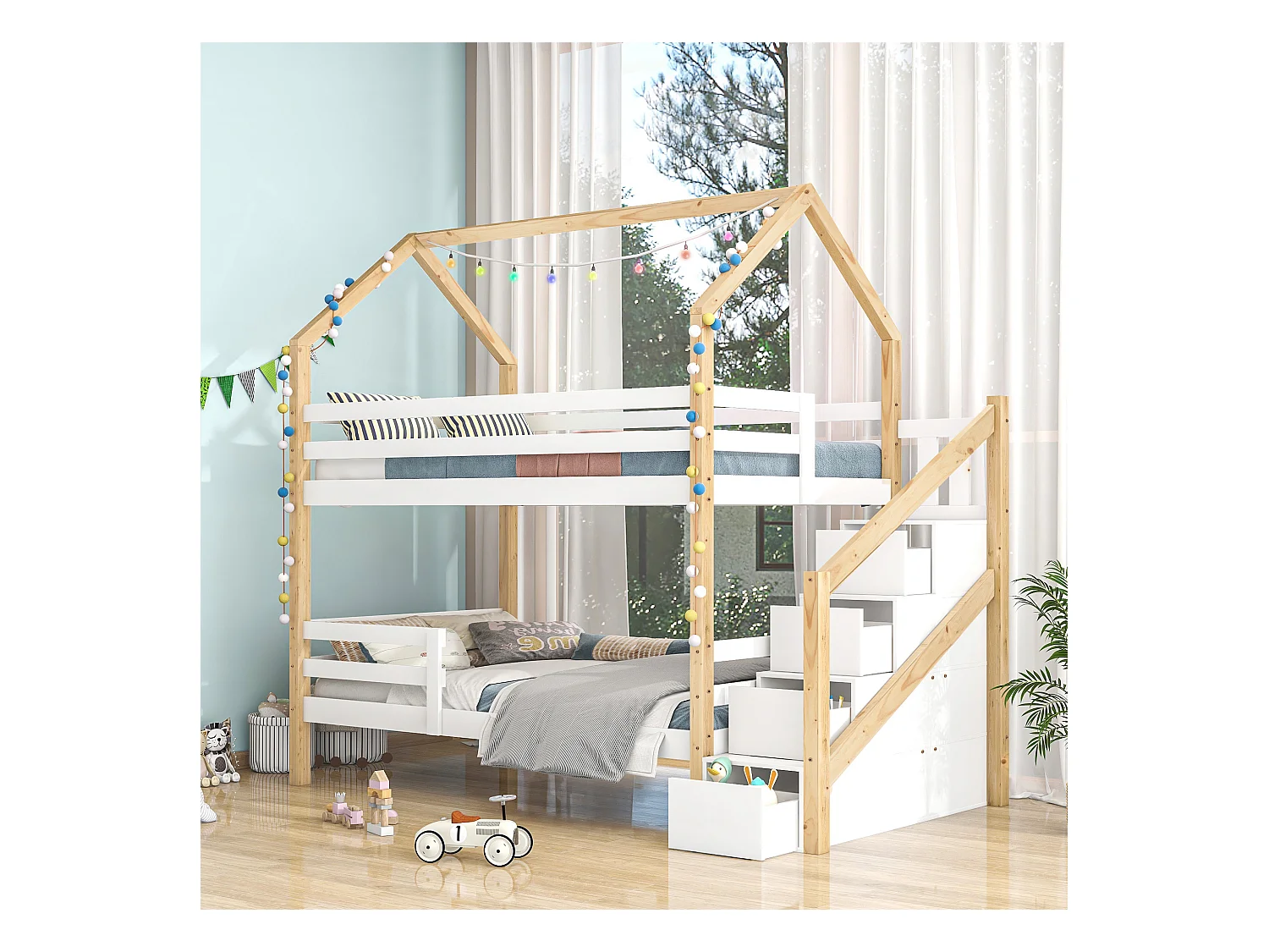 Lit en forme de maison en bois de pin pour enfants, 90 x 200 cm, blanc