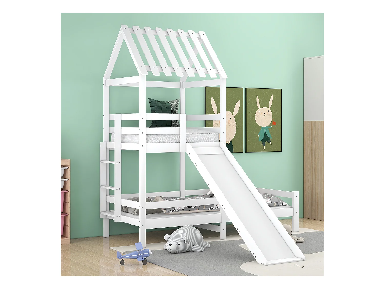 Kinderbed - huisbed met glijbaan, witte hoogslaper (200x90cm & 100x90cm)