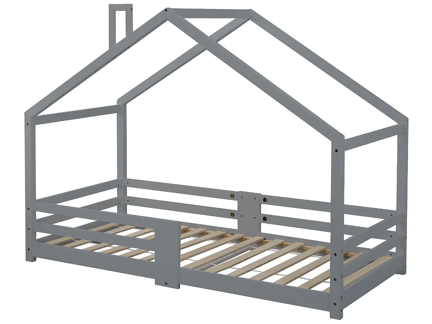 House Cama infantil con chimenea, barrera anticaídas, robusta base de pino, 90 x 200 cm, gris (sin colchón)