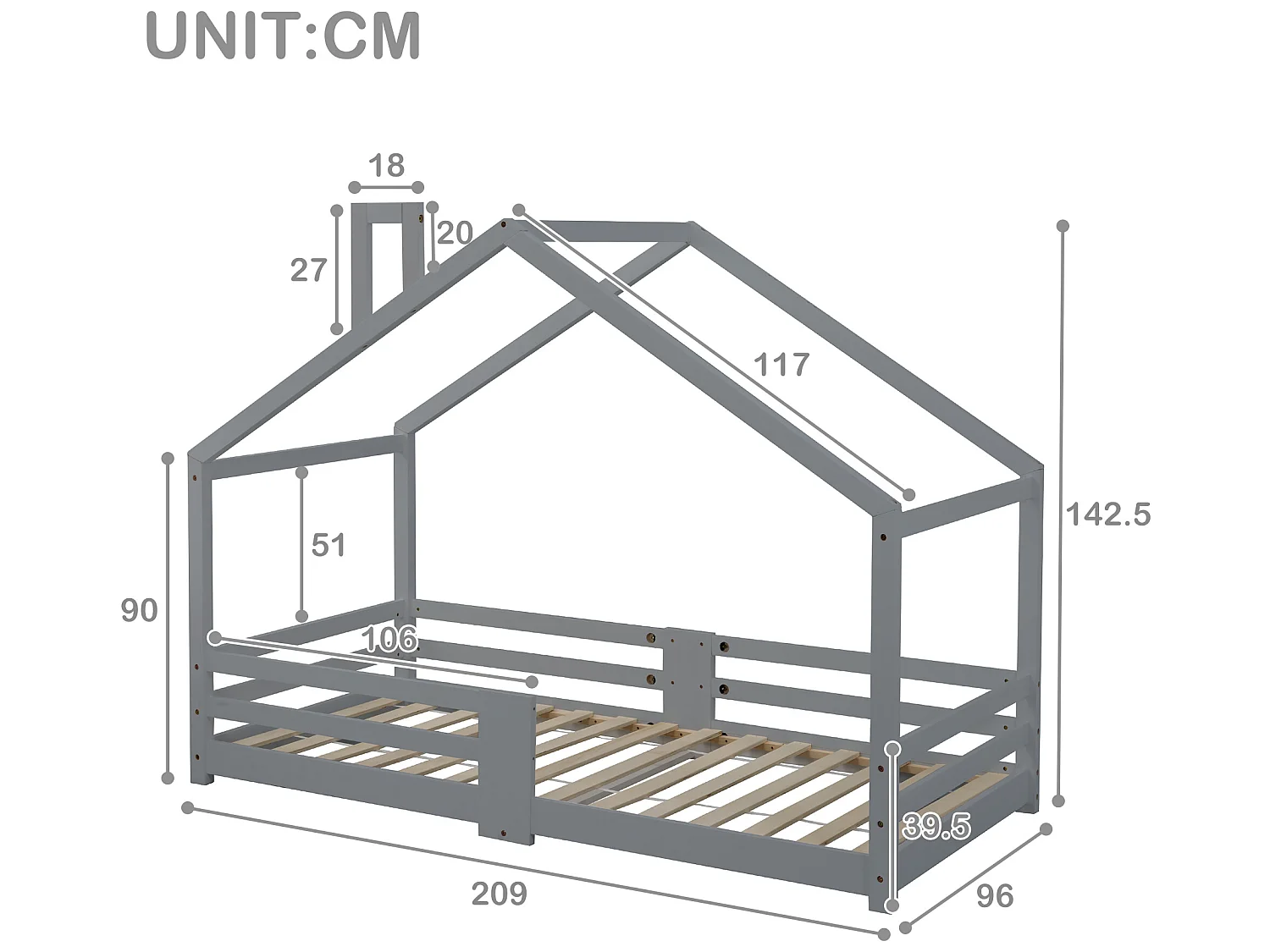 Lit enfant maison avec cheminée, barrière de protection contre les chutes, sommier robuste en pin, 90 x 200 cm, gris (sans matelas)