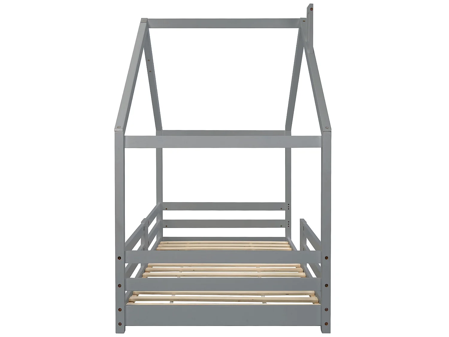 Lit enfant maison avec cheminée, barrière de protection contre les chutes, sommier robuste en pin, 90 x 200 cm, gris (sans matelas)