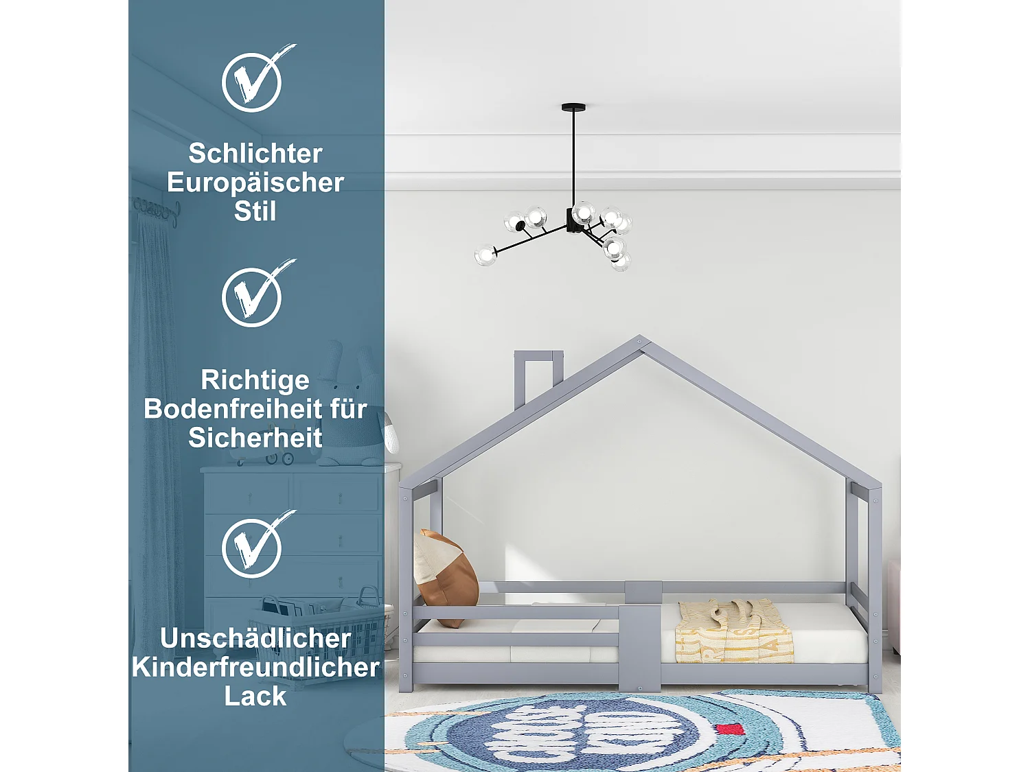 Lit enfant maison avec cheminée, barrière de protection contre les chutes, sommier robuste en pin, 90 x 200 cm, gris (sans matelas)