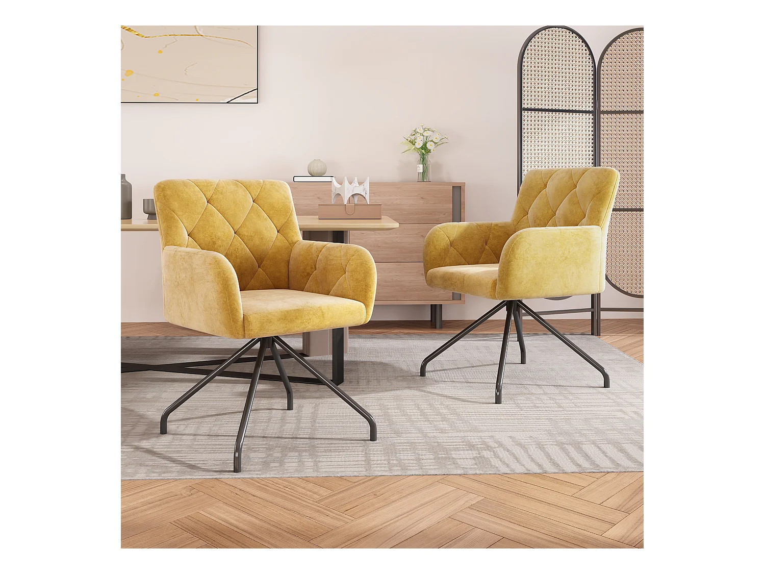 2 eetkamerstoelen met ruitpatroon, gele 4-poots gestoffeerde stoel