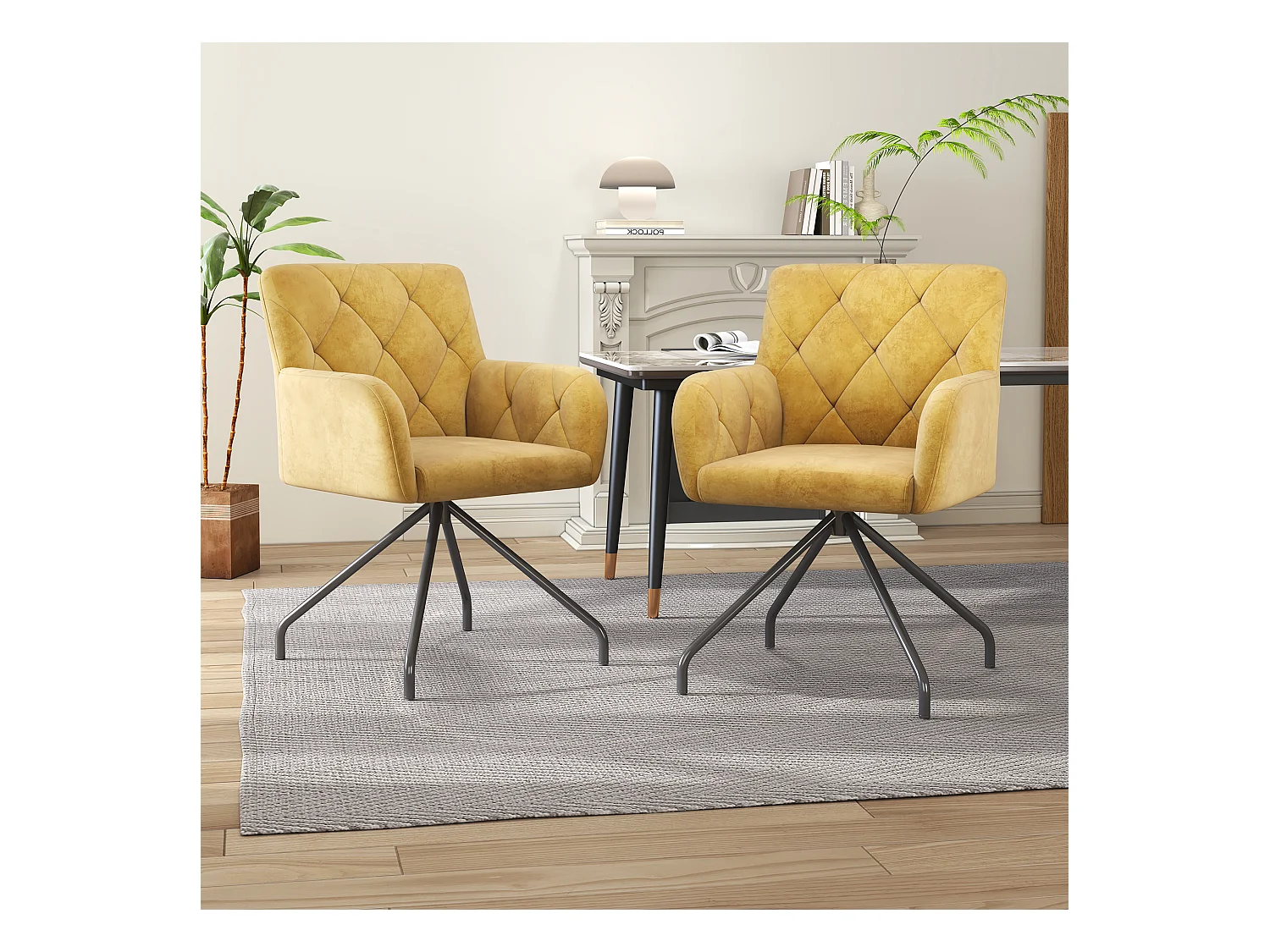 2 eetkamerstoelen met ruitpatroon, gele 4-poots gestoffeerde stoel