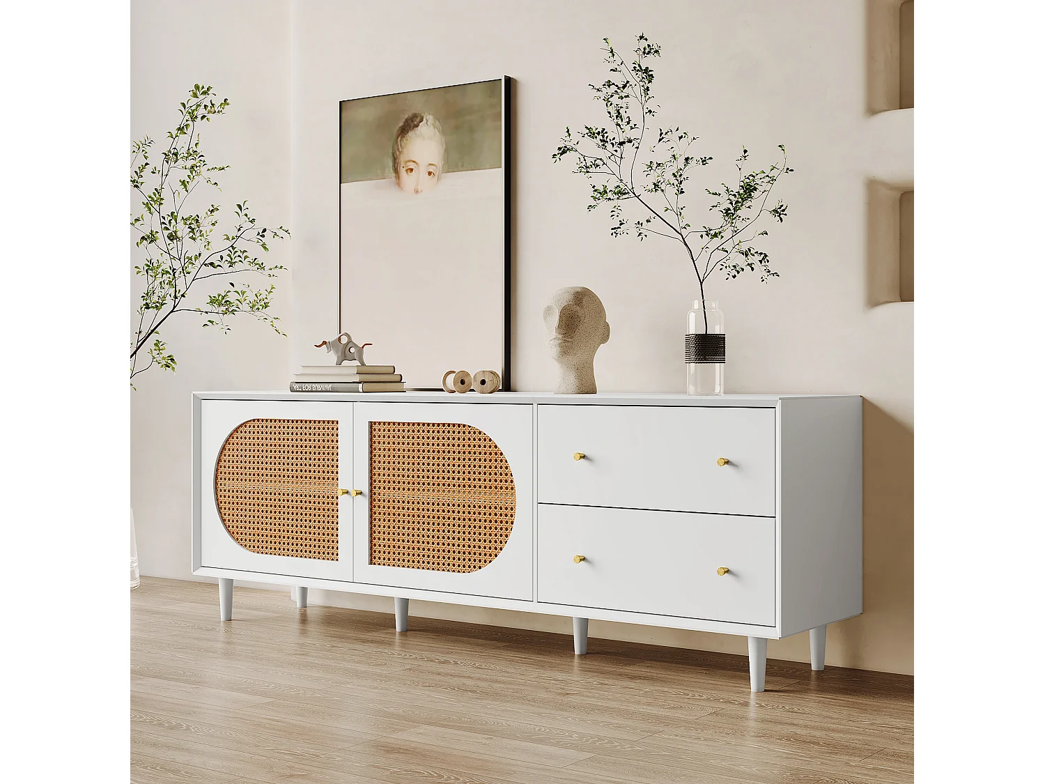 Meuble tv blanc pratique avec pieds en bois