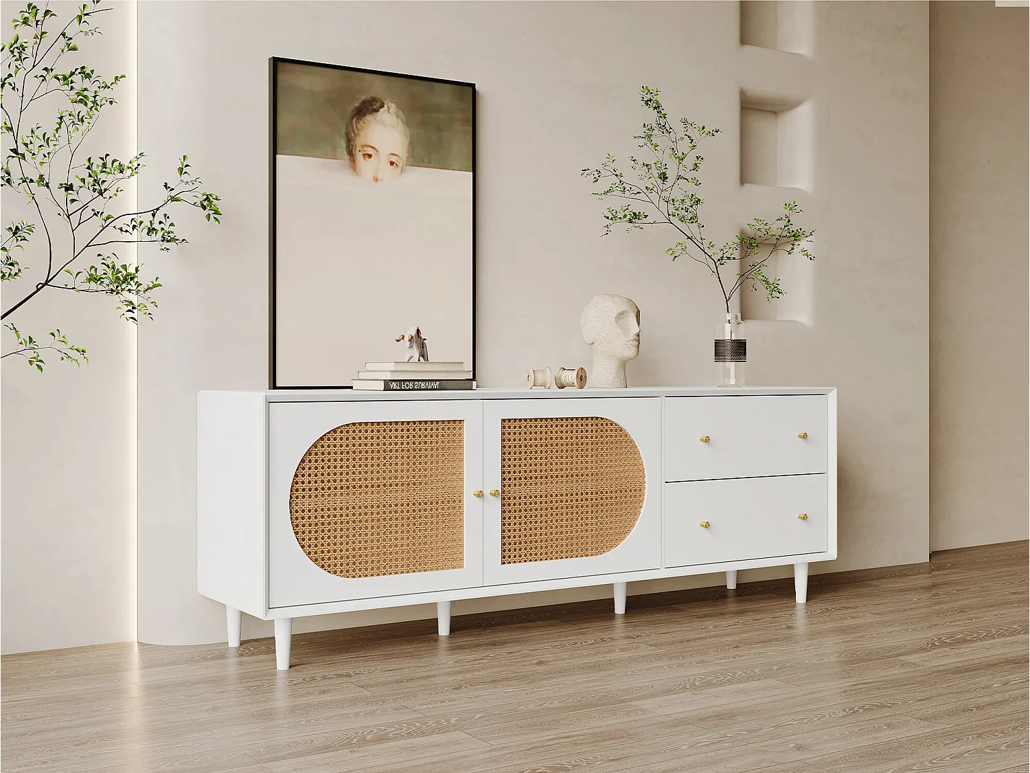 Meuble tv blanc pratique avec pieds en bois