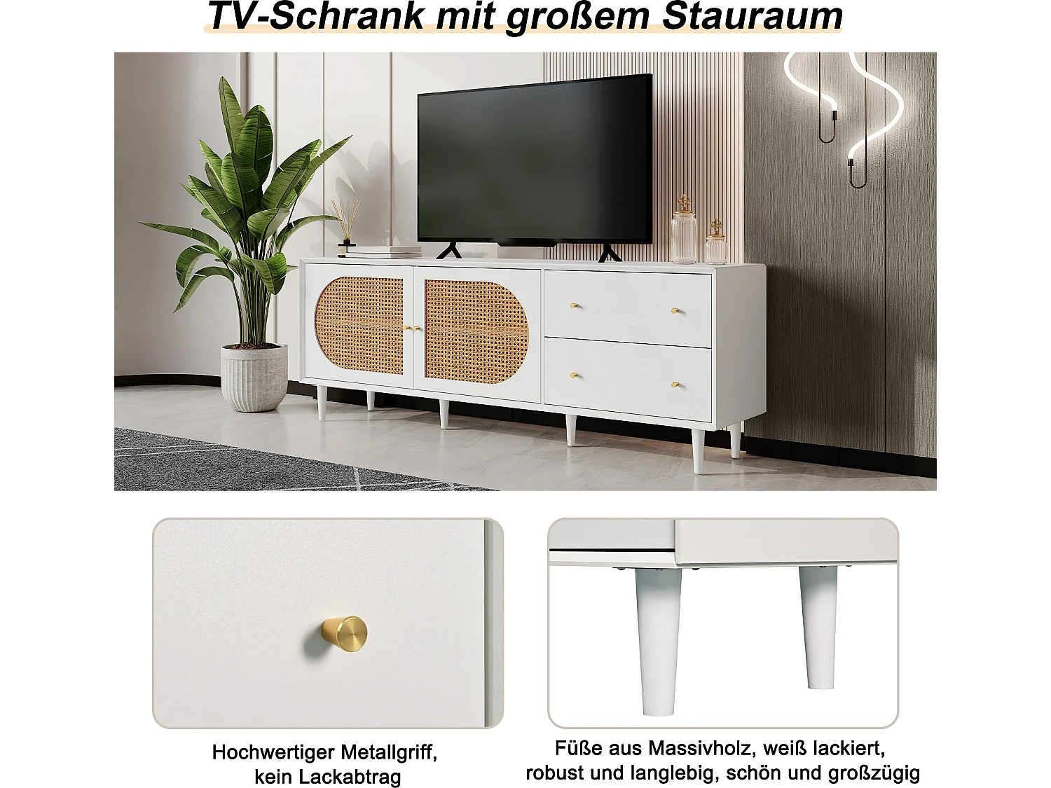 Meuble tv blanc pratique avec pieds en bois