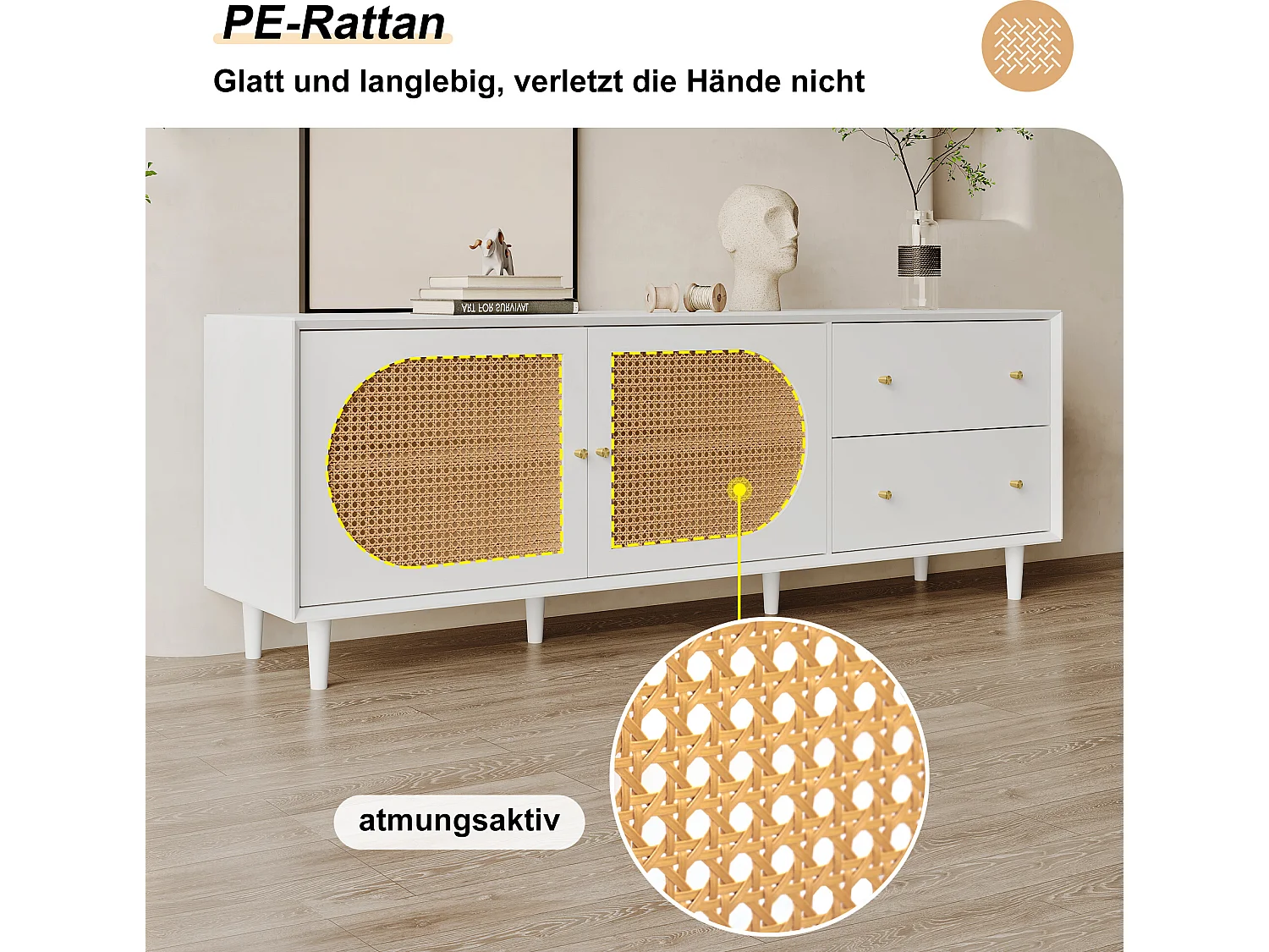 Meuble tv blanc pratique avec pieds en bois