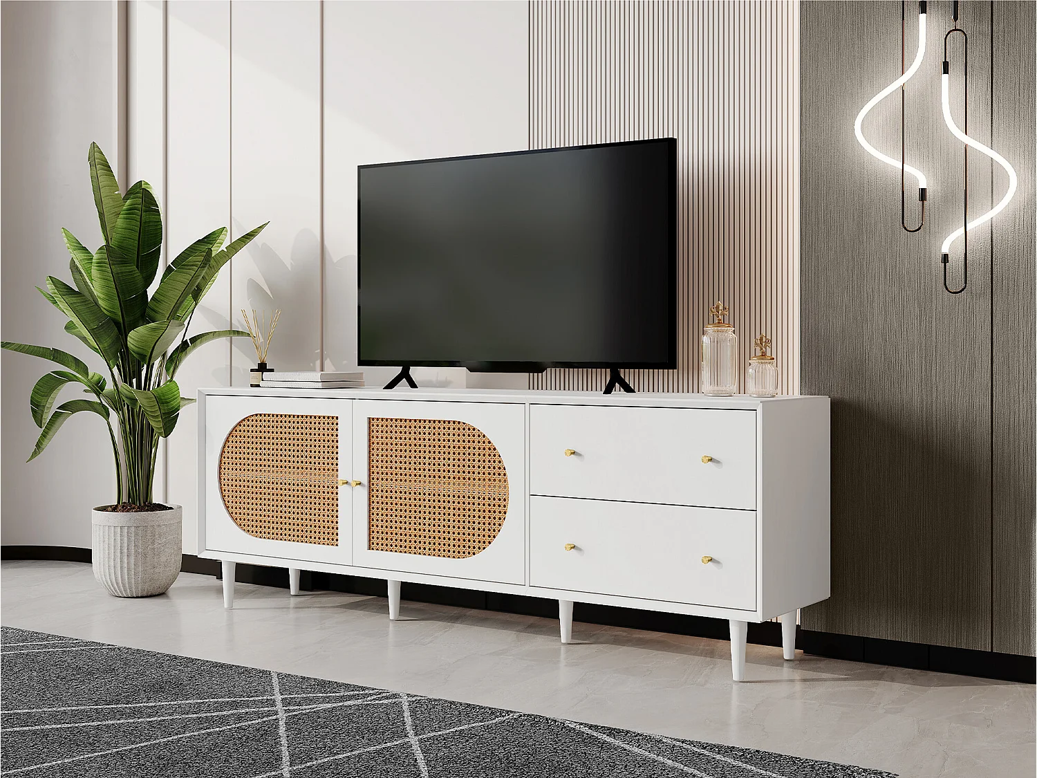 Meuble tv blanc pratique avec pieds en bois