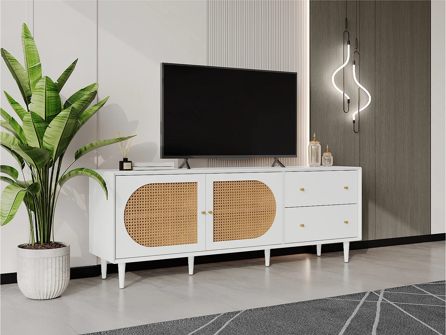 Meuble tv blanc pratique avec pieds en bois