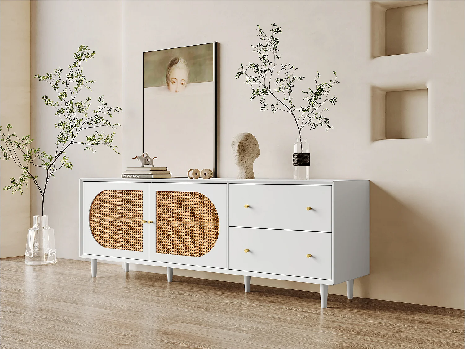 Meuble tv blanc pratique avec pieds en bois