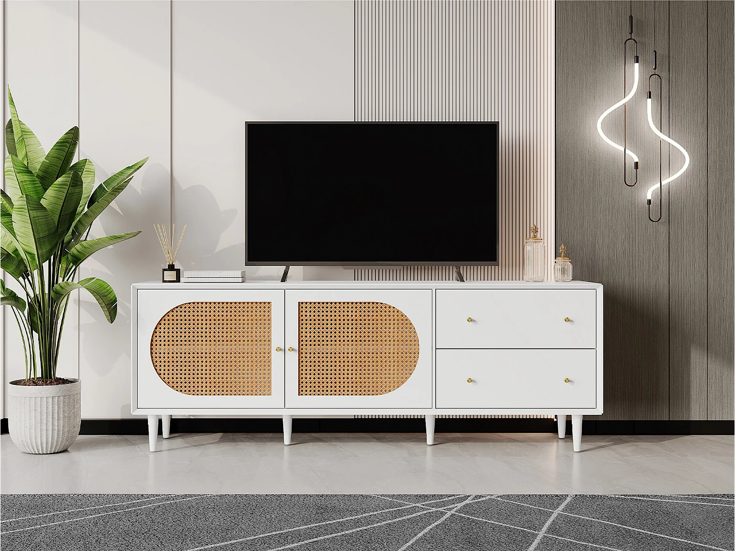 Meuble tv blanc pratique avec pieds en bois